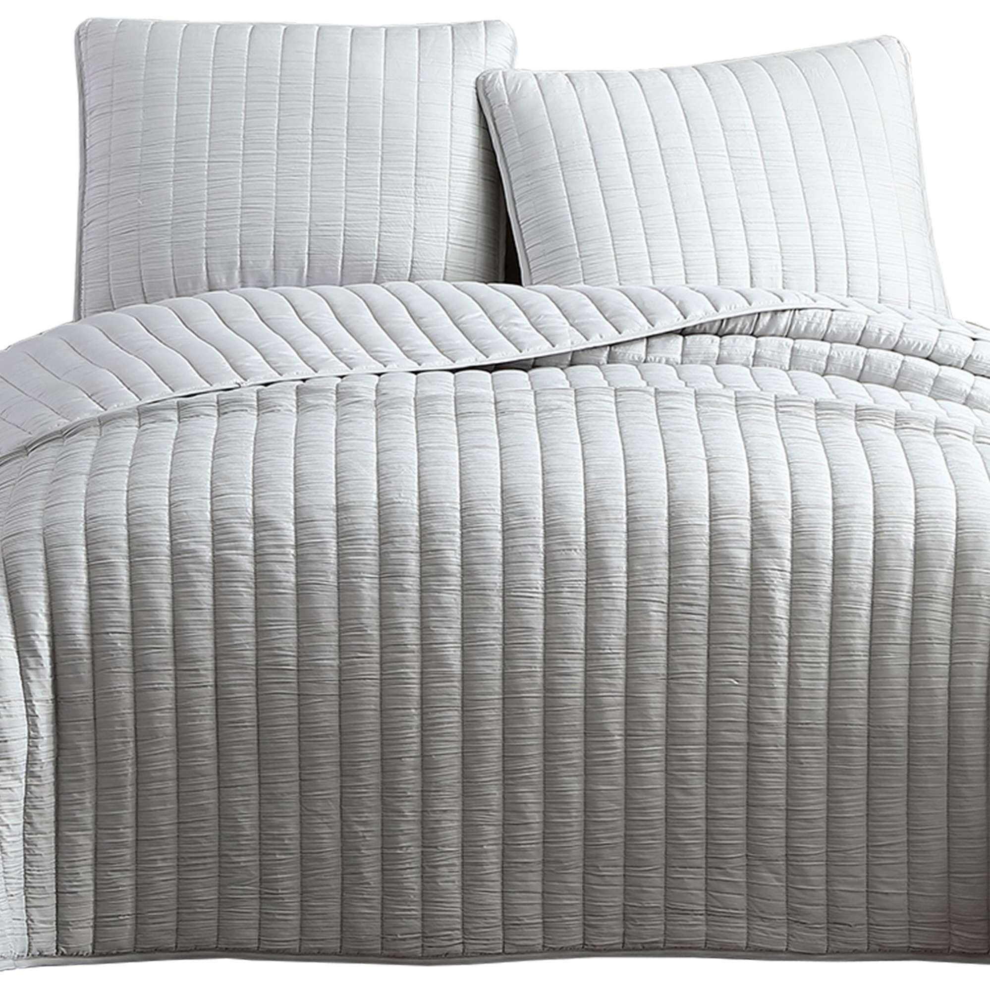 3 Piece Crinkle Queen Size Coverlet Set with Vertical Stitching,Light Gray