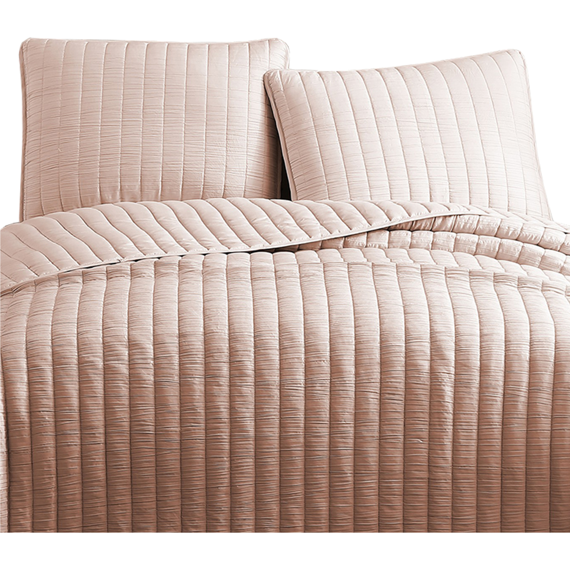 3 Piece Crinkles Queen Size Coverlet Set with Vertical Stitching, Pink