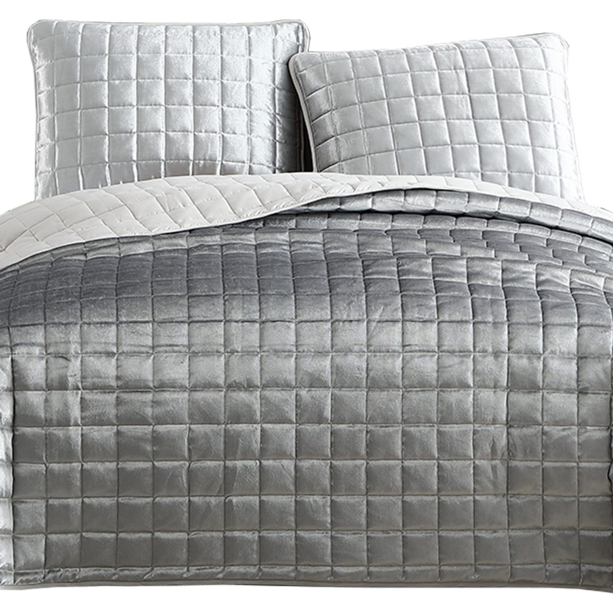 3 Piece King Size Coverlet Set with Stitched Square Pattern, Silver