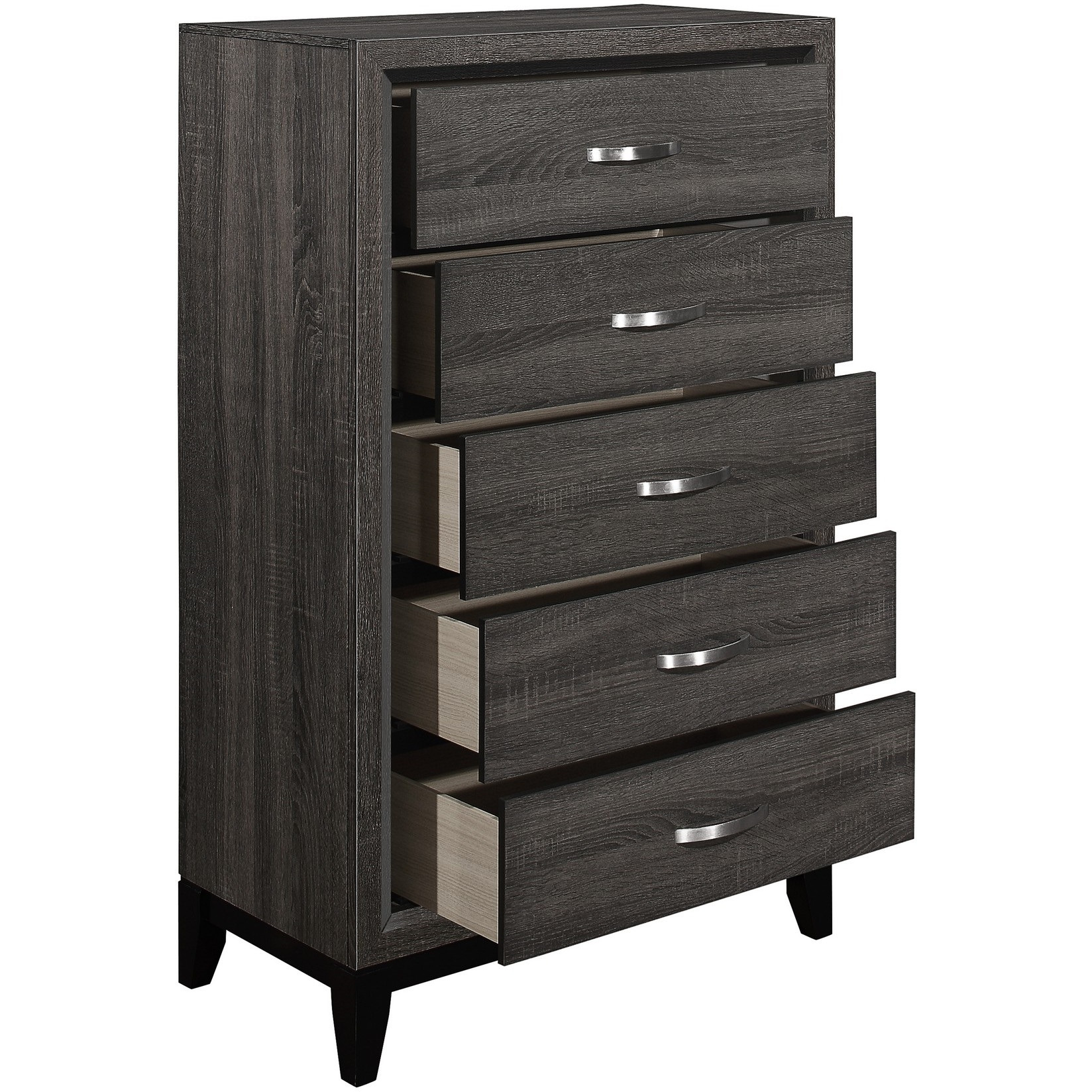 5 Drawer Wooden Chest with Grain Details and Chamfered Feet, Gray