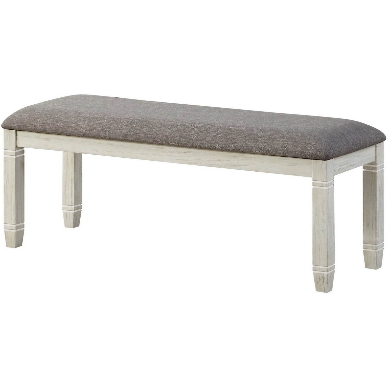 Fabric Upholstered Padded Bench with Tapered Feet, Antique White and Gray