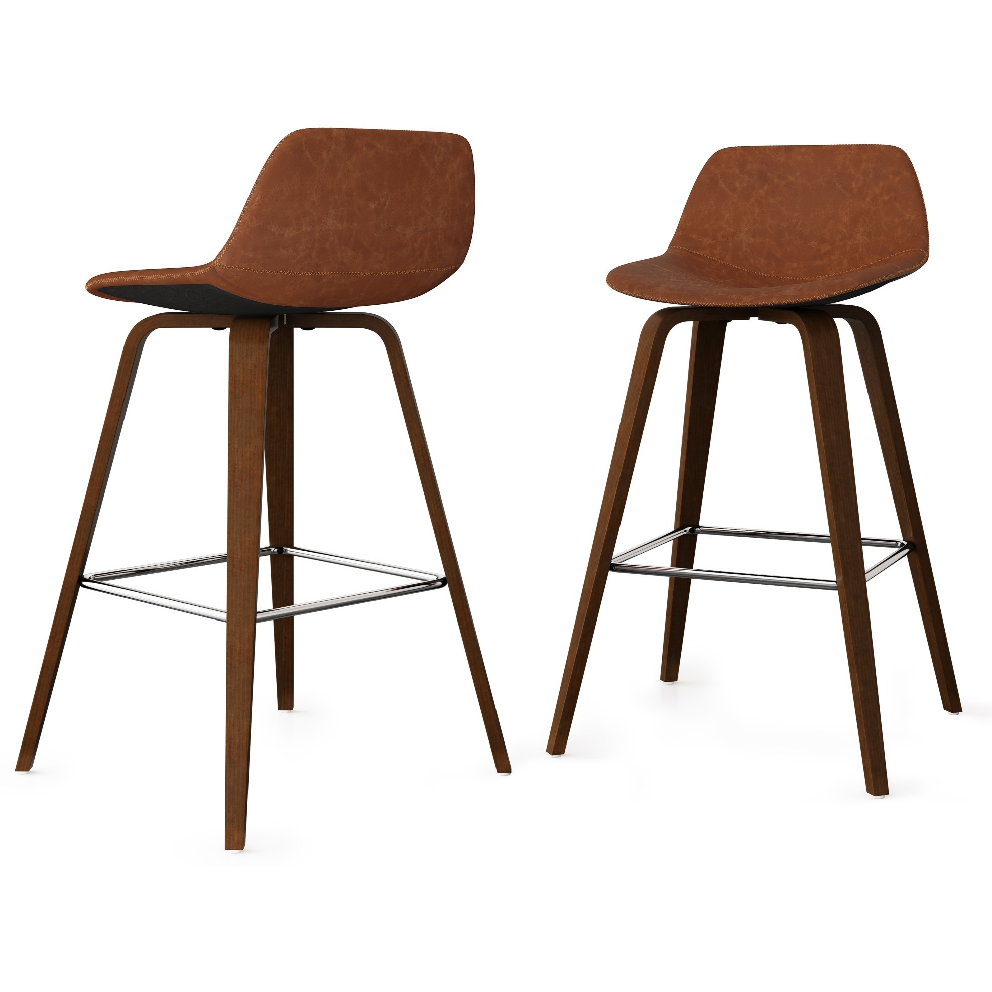 Randolph Mid-Century Modern Bentwood Counter Height Stool (Set of 2) in Deep Tan Faux Leather