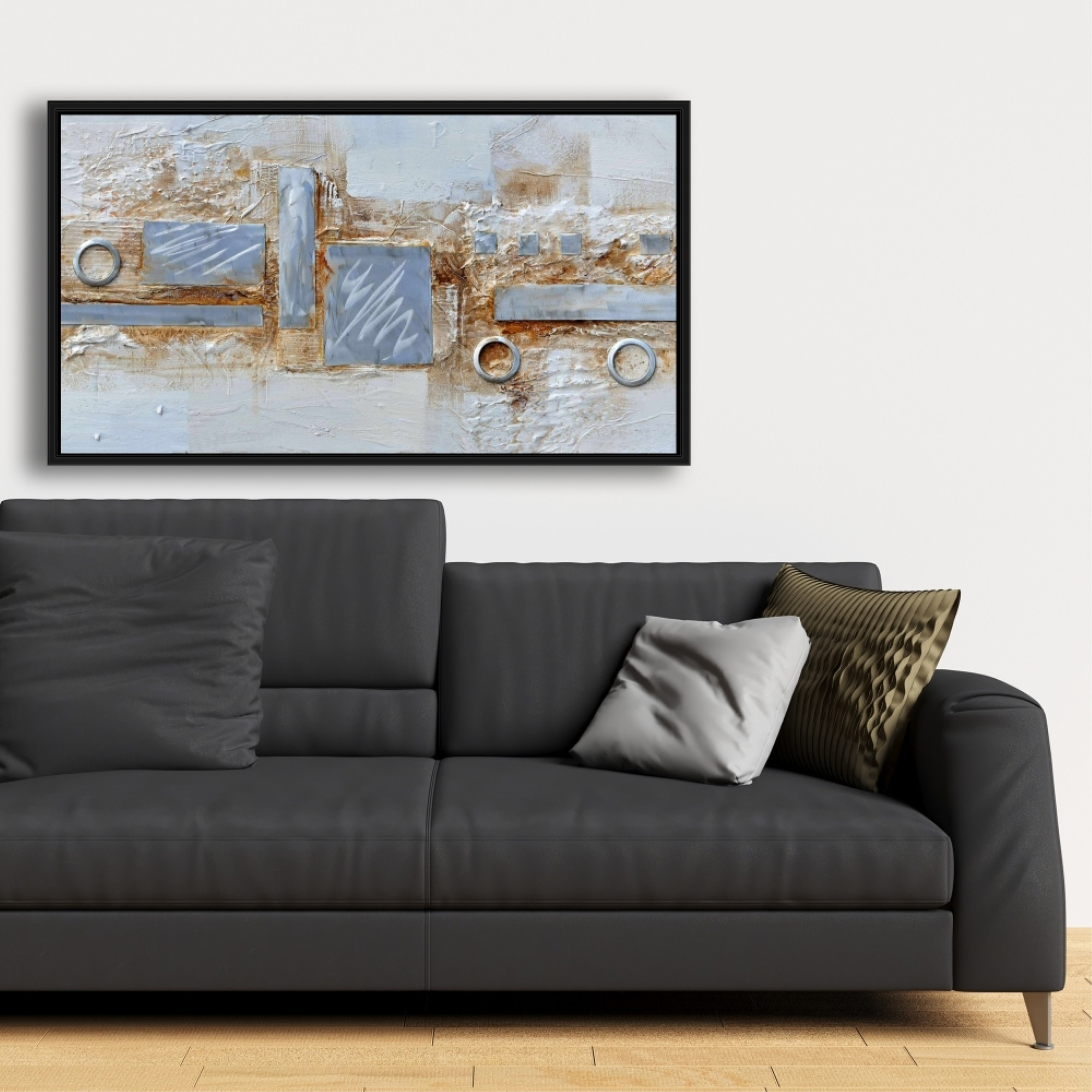 Abstract Circles And Squares With Metal Looking Finish - Framed Print on canvas by Begin Edition