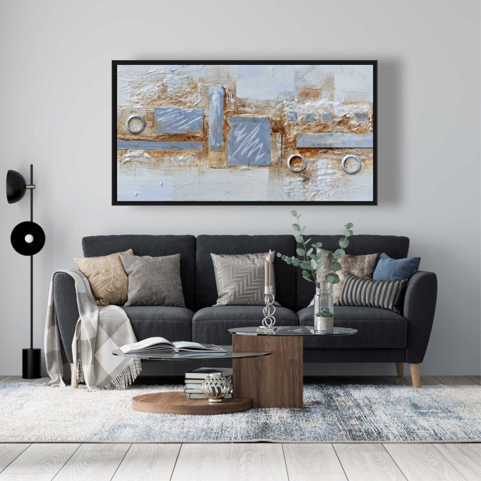 Abstract Circles And Squares With Metal Looking Finish - Framed Print on canvas by Begin Edition