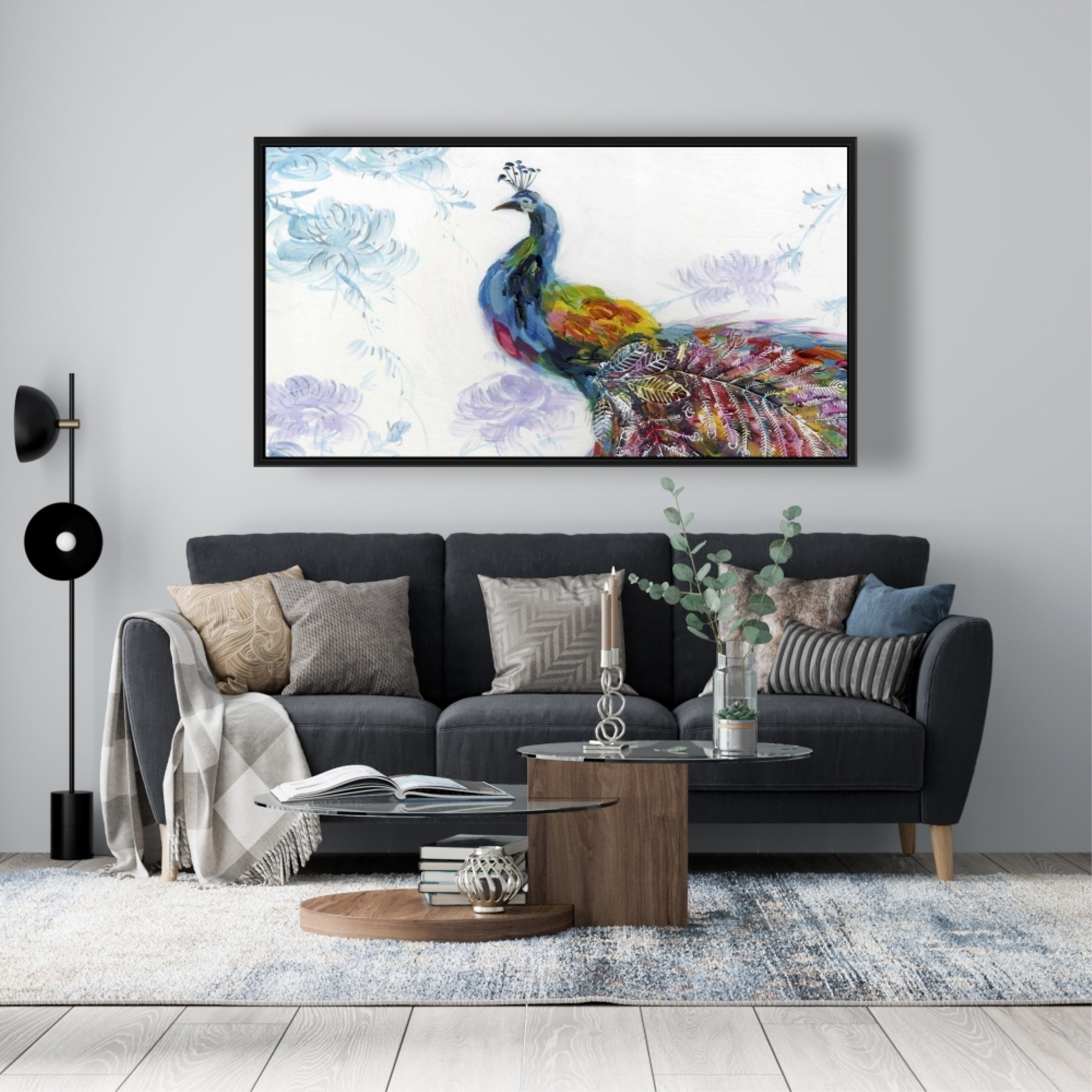 Majestic Peacock With Flowers - Framed Print on canvas by Begin Edition