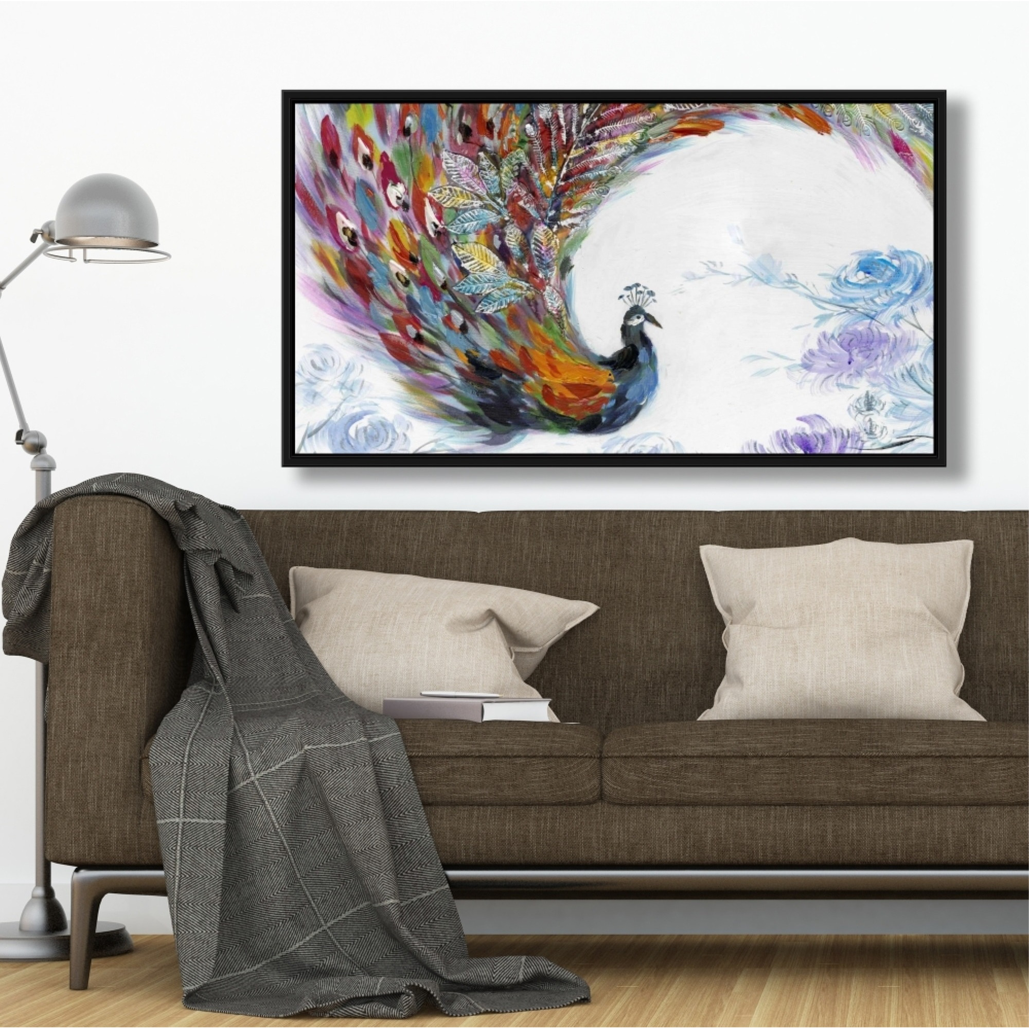 Colorful Peacock With Flowers - Framed Print on canvas by Begin Edition