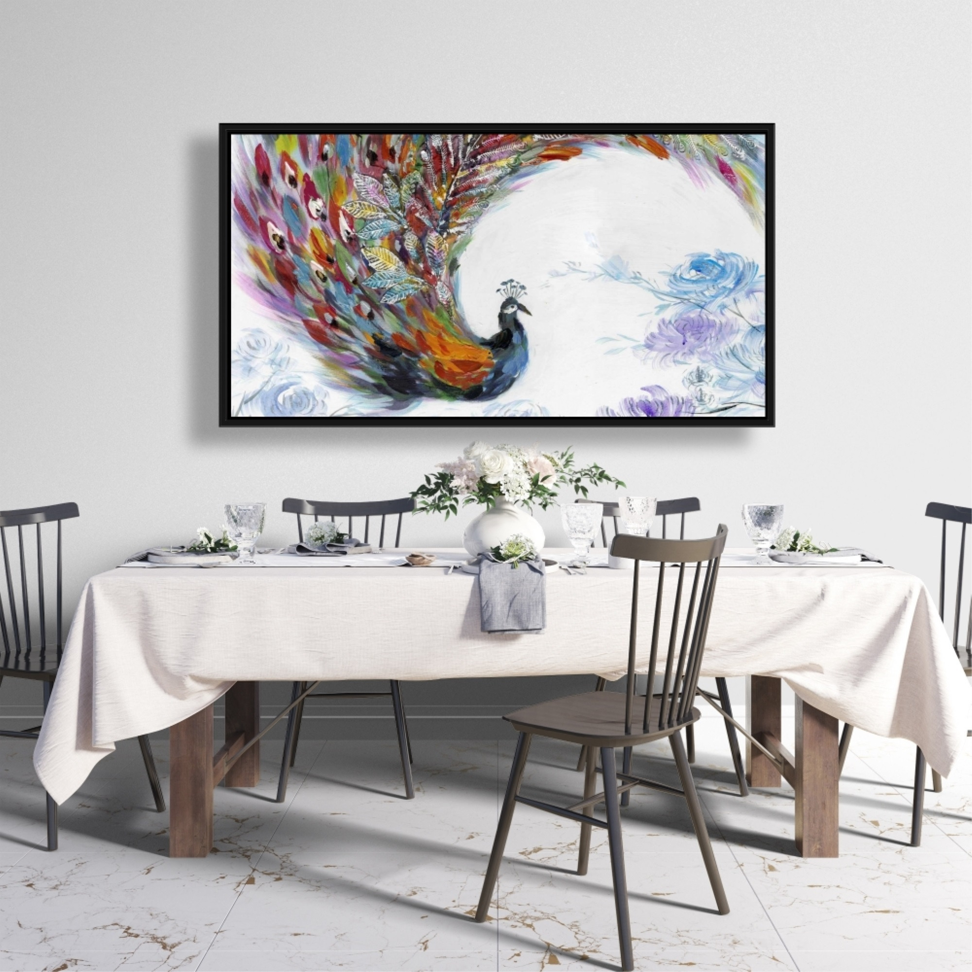 Colorful Peacock With Flowers - Framed Print on canvas by Begin Edition