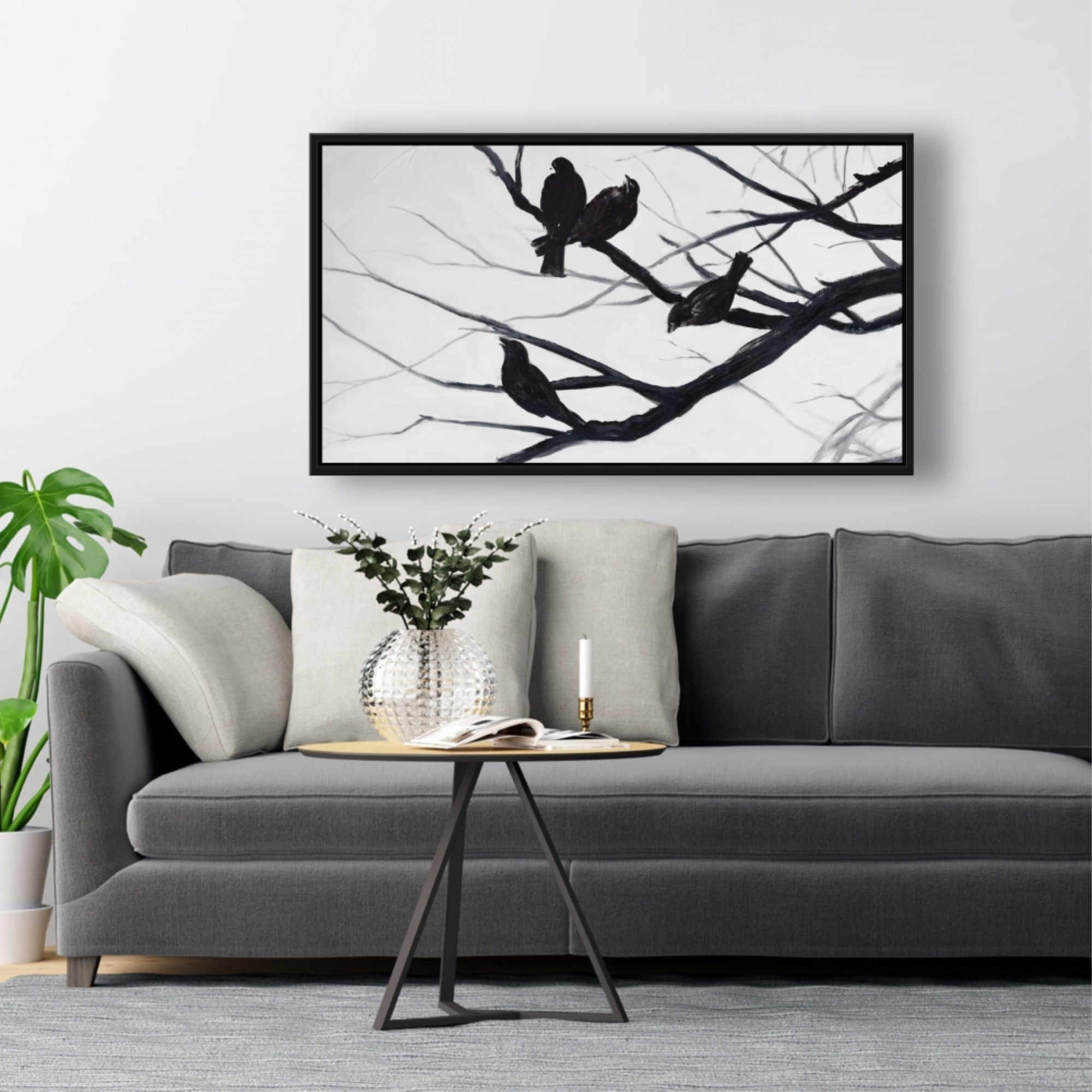 Birds And Branches Silhouette - Framed Print on canvas by Begin Edition
