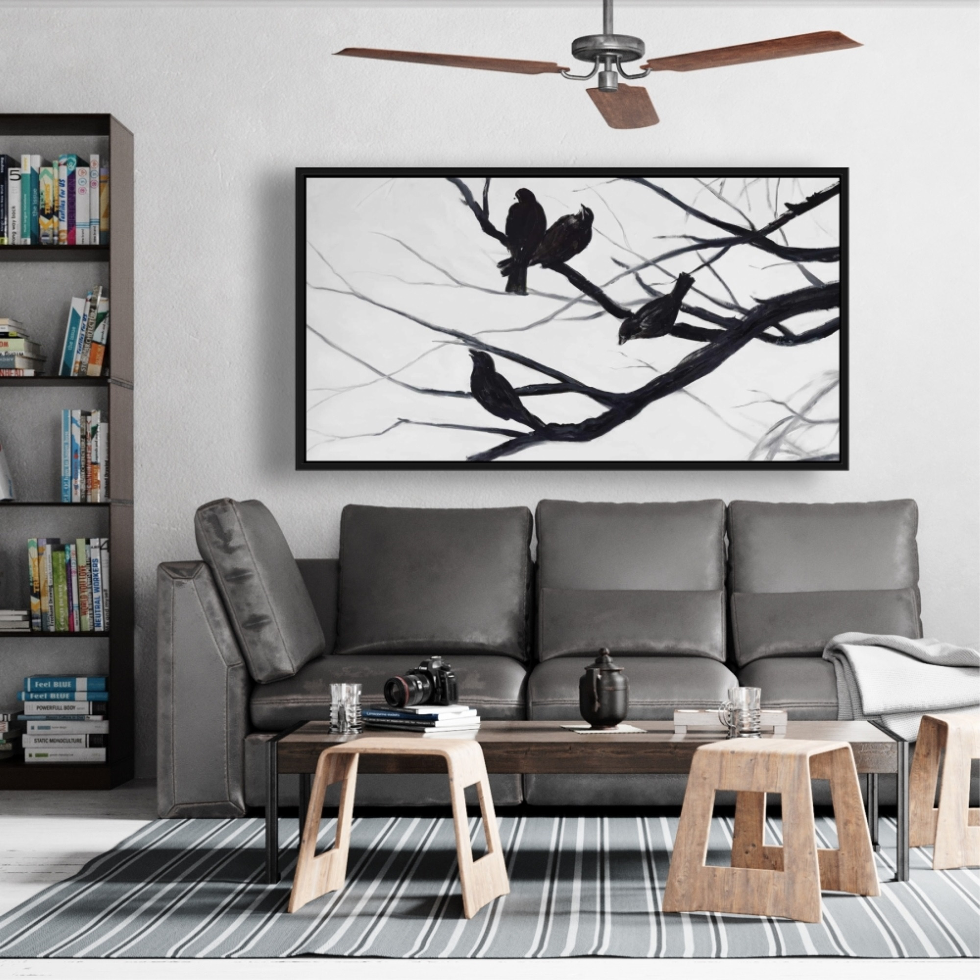 Birds And Branches Silhouette - Framed Print on canvas by Begin Edition