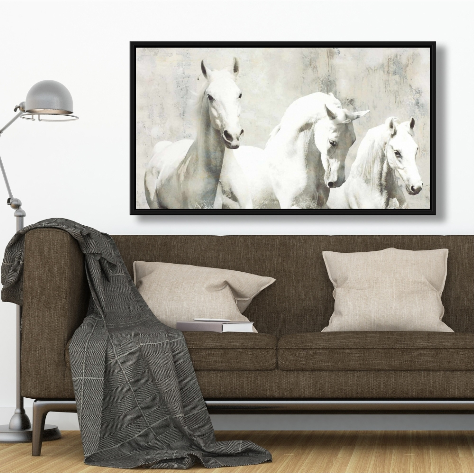 Three White Horses Running - Framed Print on canvas by Begin Edition