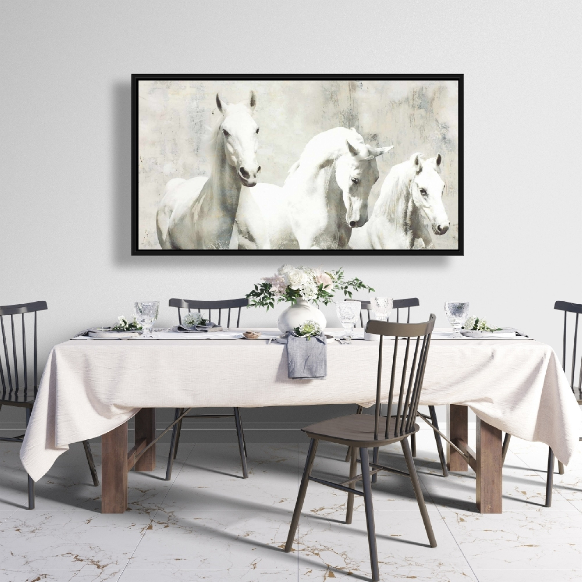 Three White Horses Running - Framed Print on canvas by Begin Edition