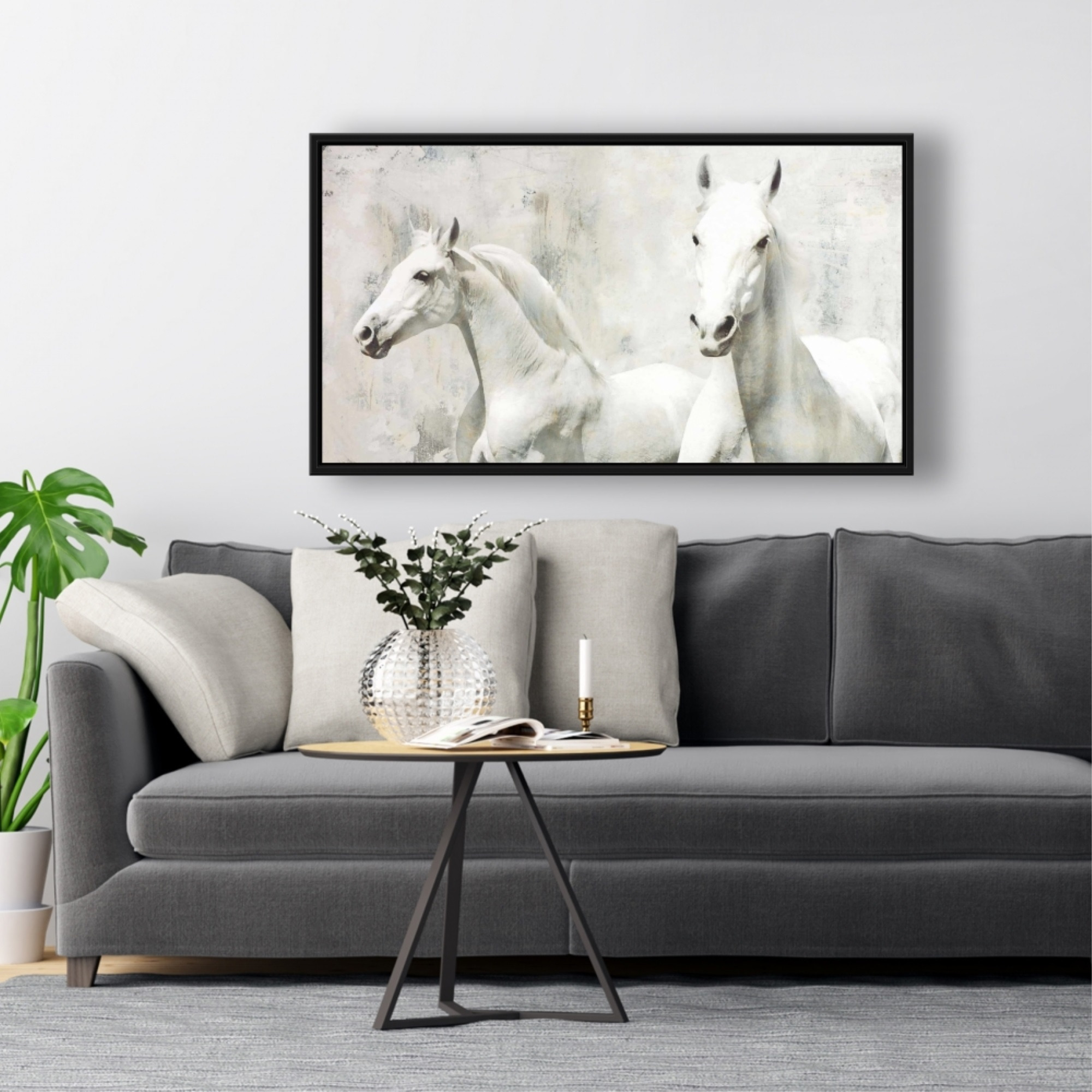 Two White Horse Running - Framed Print on canvas by Begin Edition