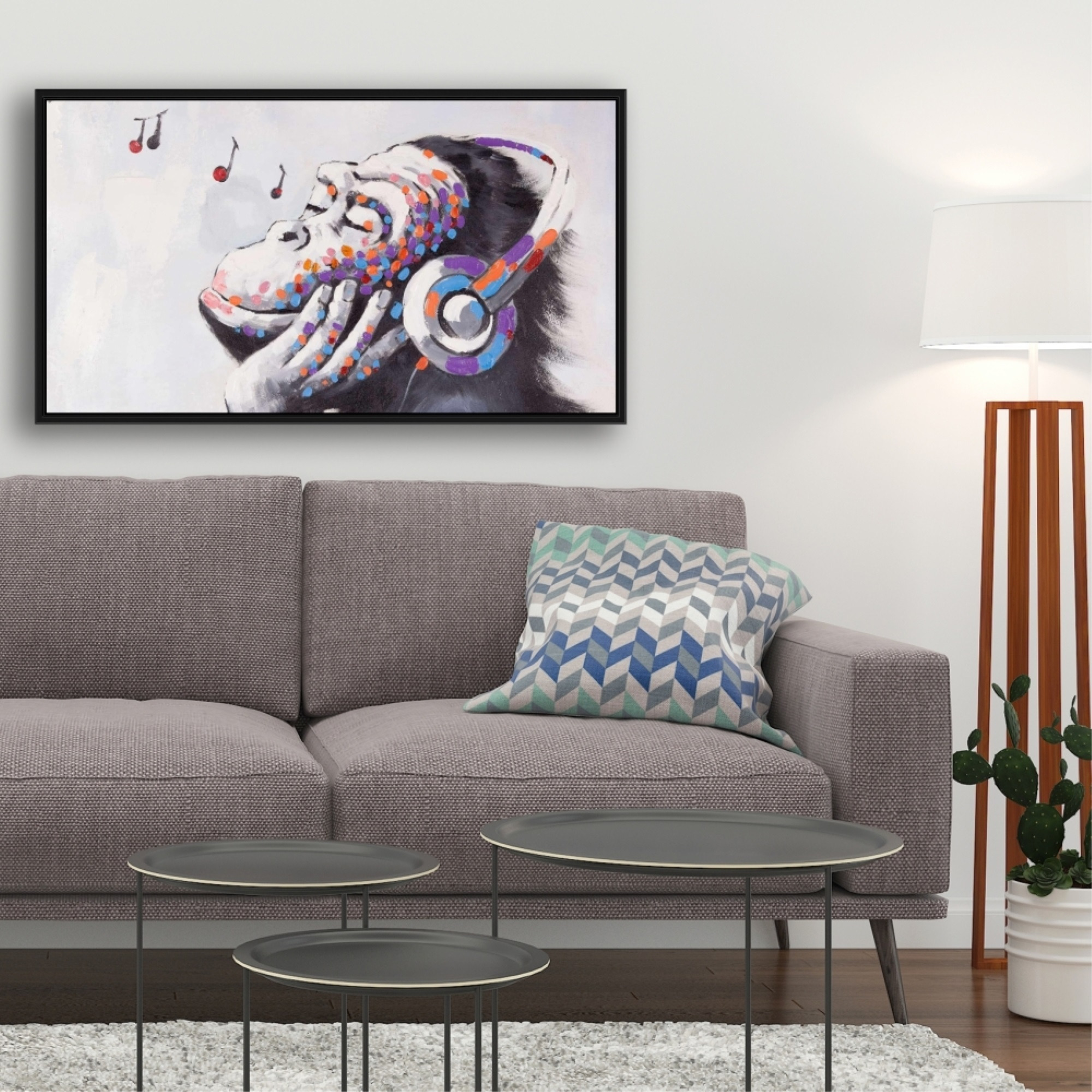 Monkey Listening Music - Framed Print on canvas by Begin Edition