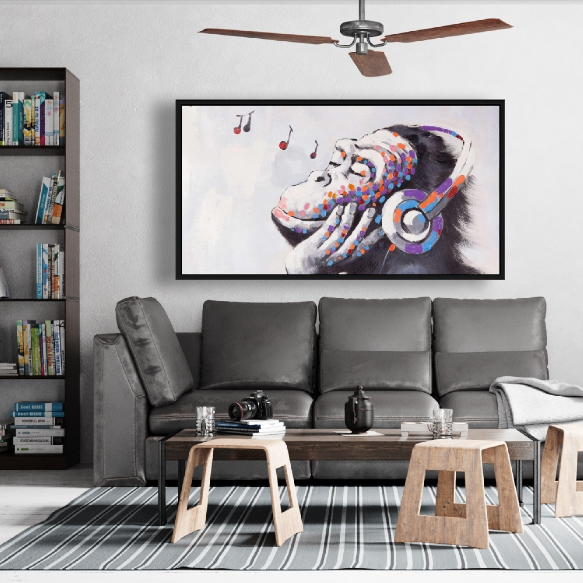 Monkey Listening Music - Framed Print on canvas by Begin Edition