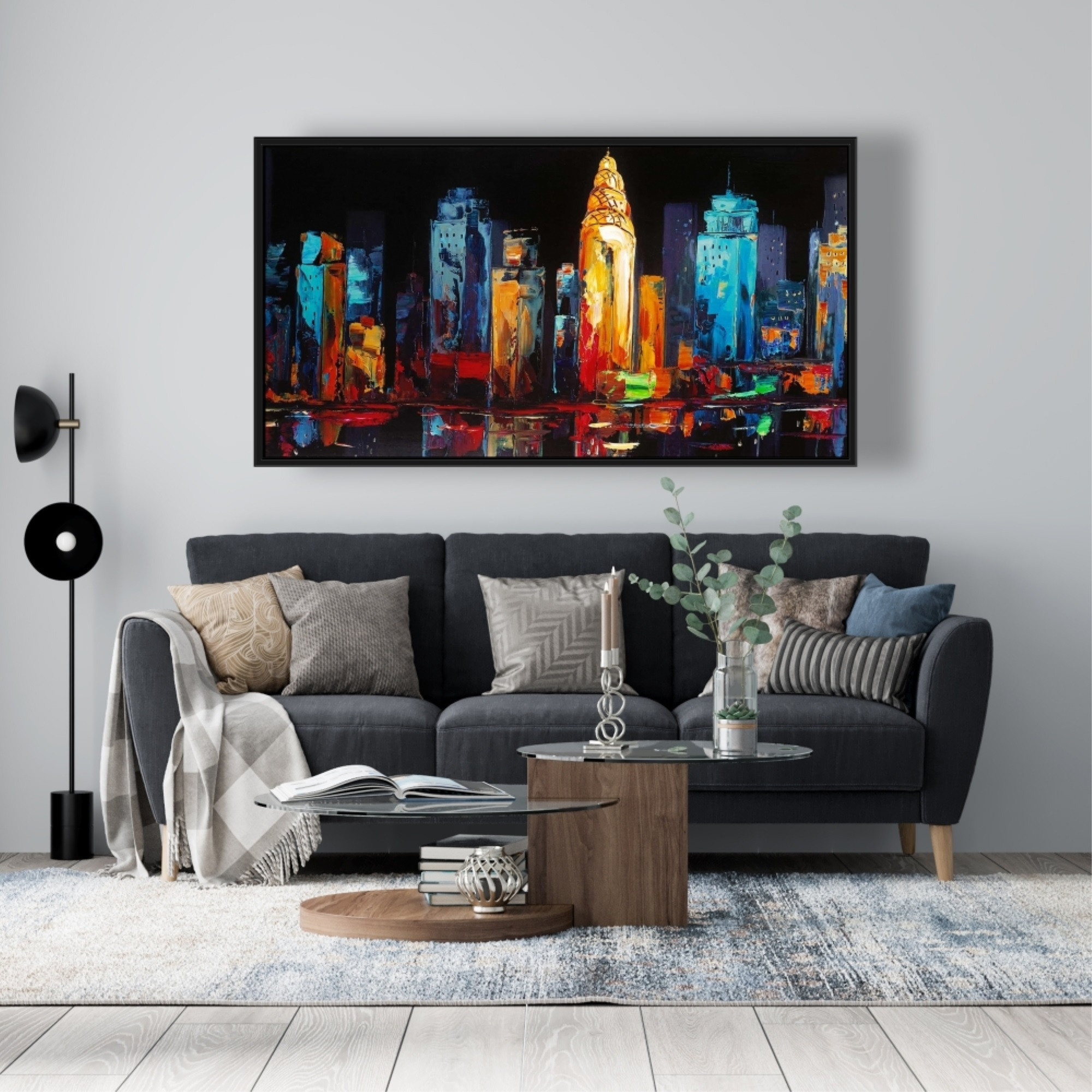 Colorful Abstract Cityscape on a Dark Background - Framed Print on canvas by Begin Edition