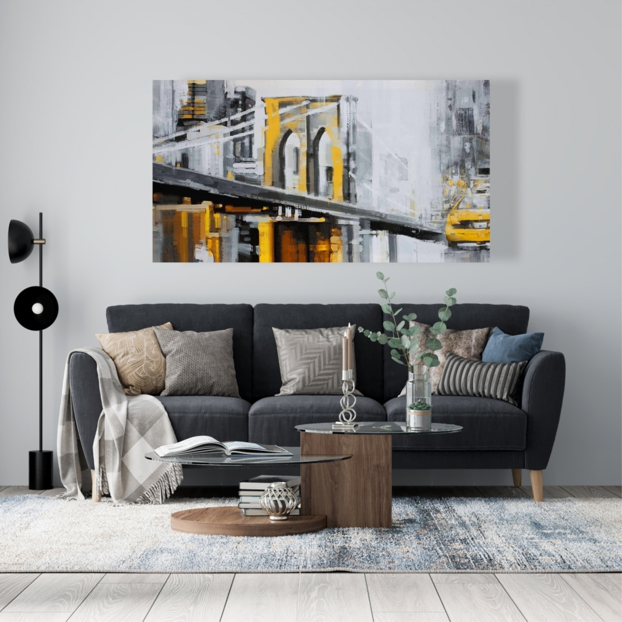 Yellow Brooklyn Bridge With Taxis - Print on canvas by Begin Edition