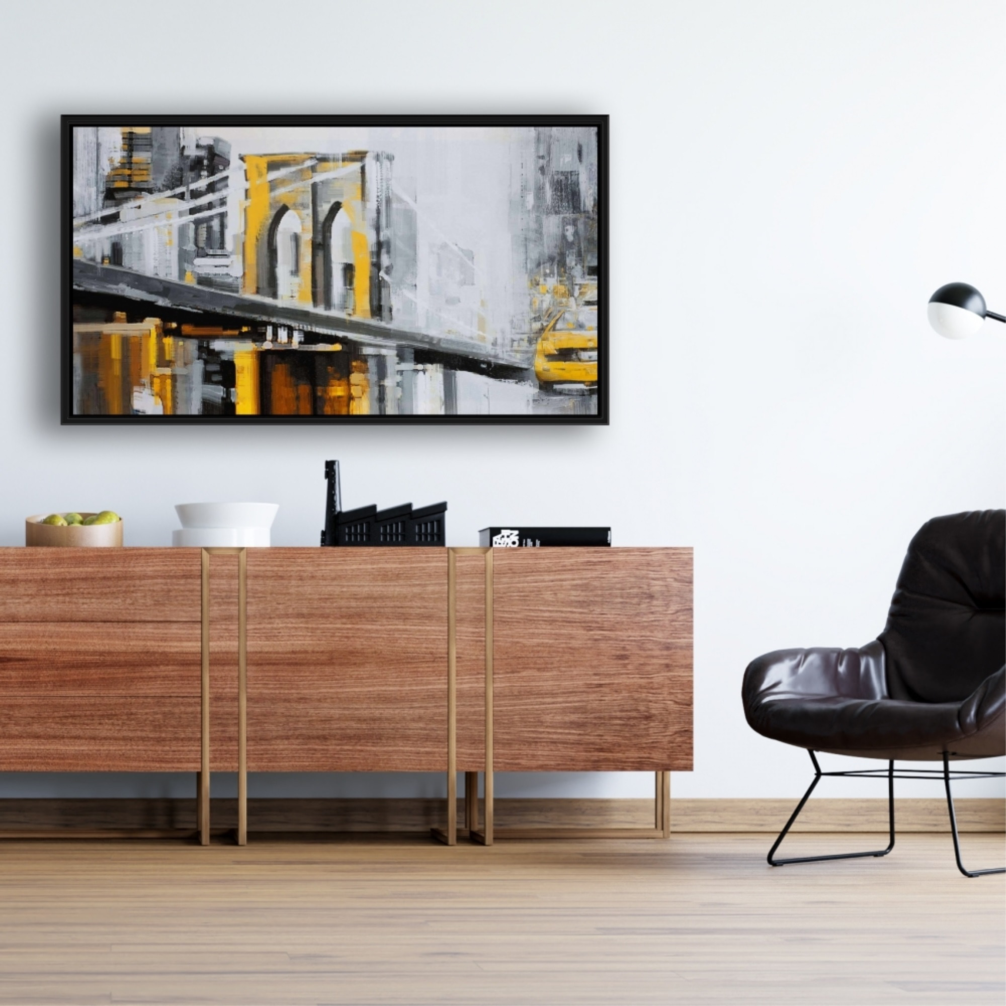 Yellow Brooklyn Bridge With Taxis - Framed Print on canvas by Begin Edition