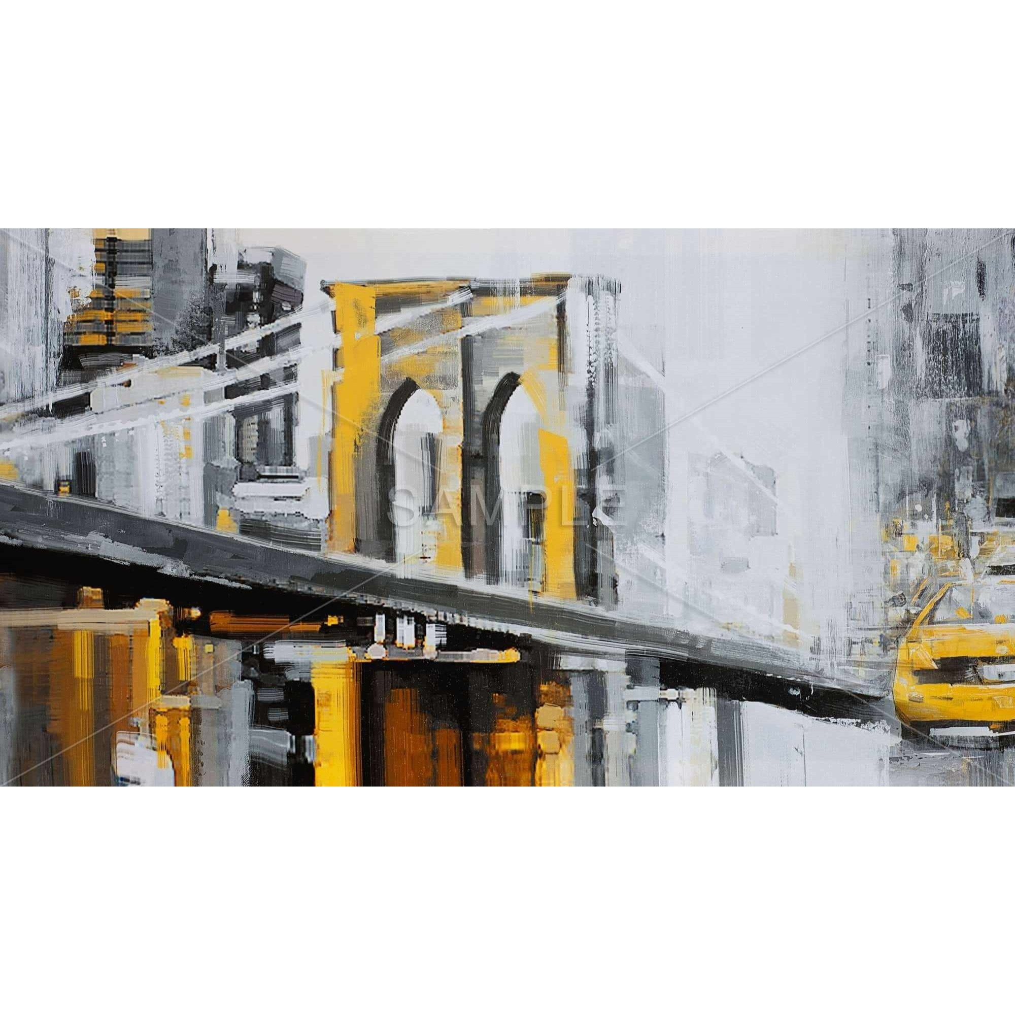 Yellow Brooklyn Bridge With Taxis - Framed Print on canvas by Begin Edition