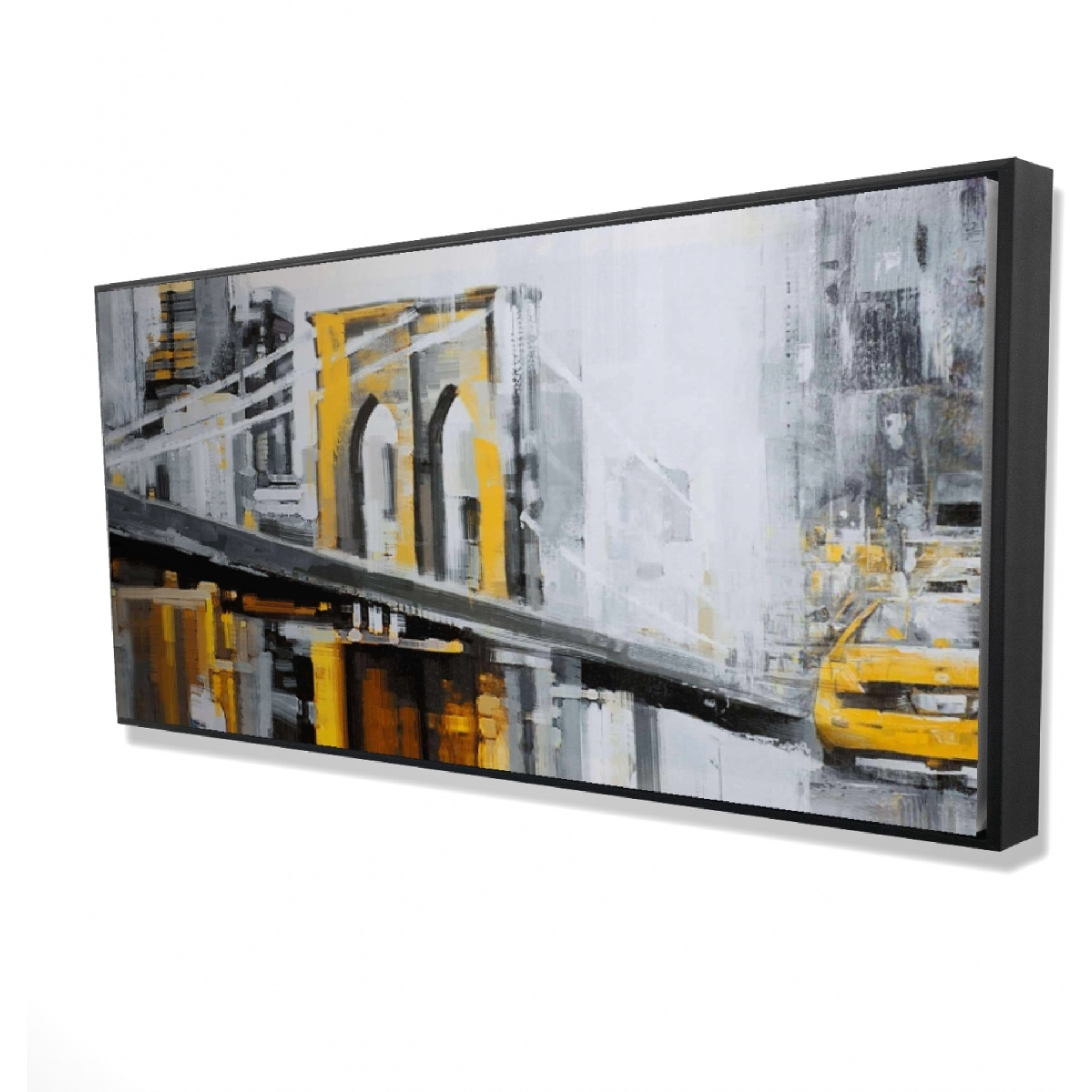 Yellow Brooklyn Bridge With Taxis - Framed Print on canvas by Begin Edition