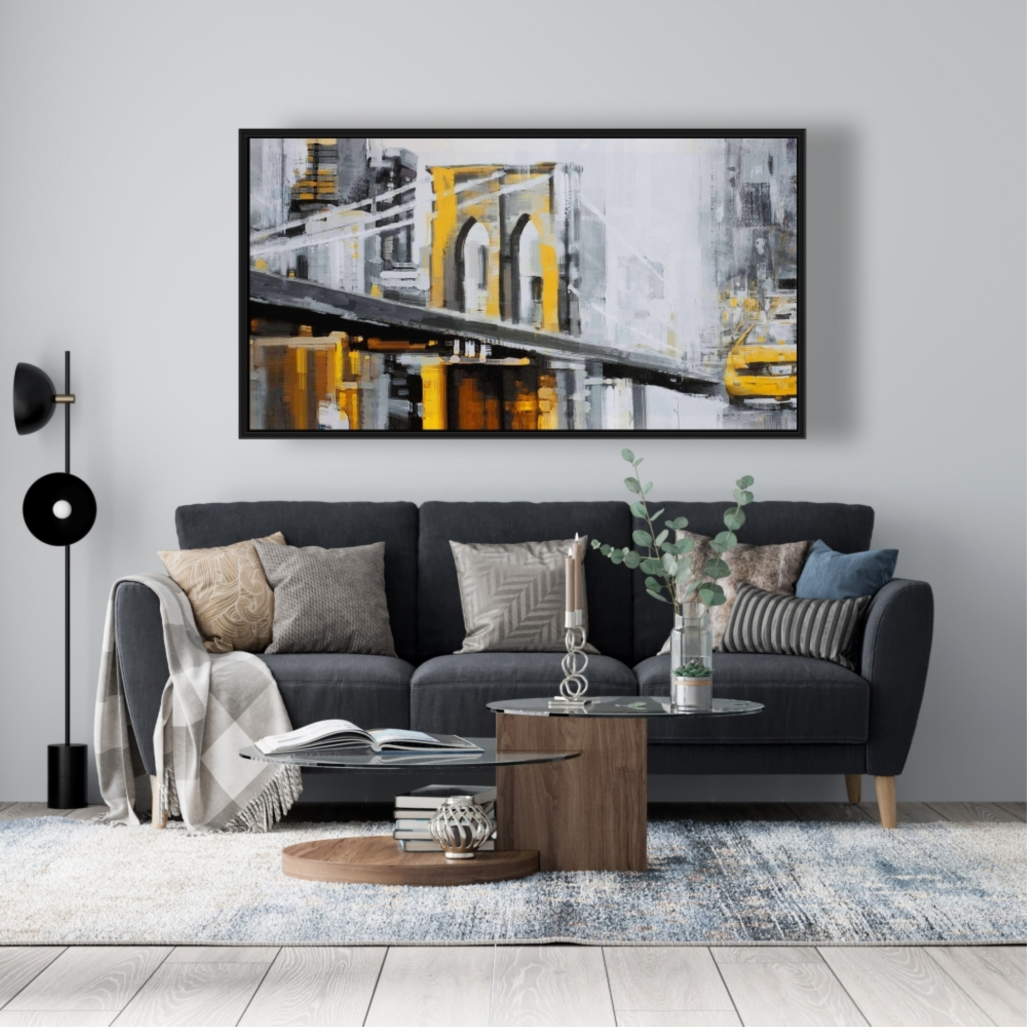 Yellow Brooklyn Bridge With Taxis - Framed Print on canvas by Begin Edition