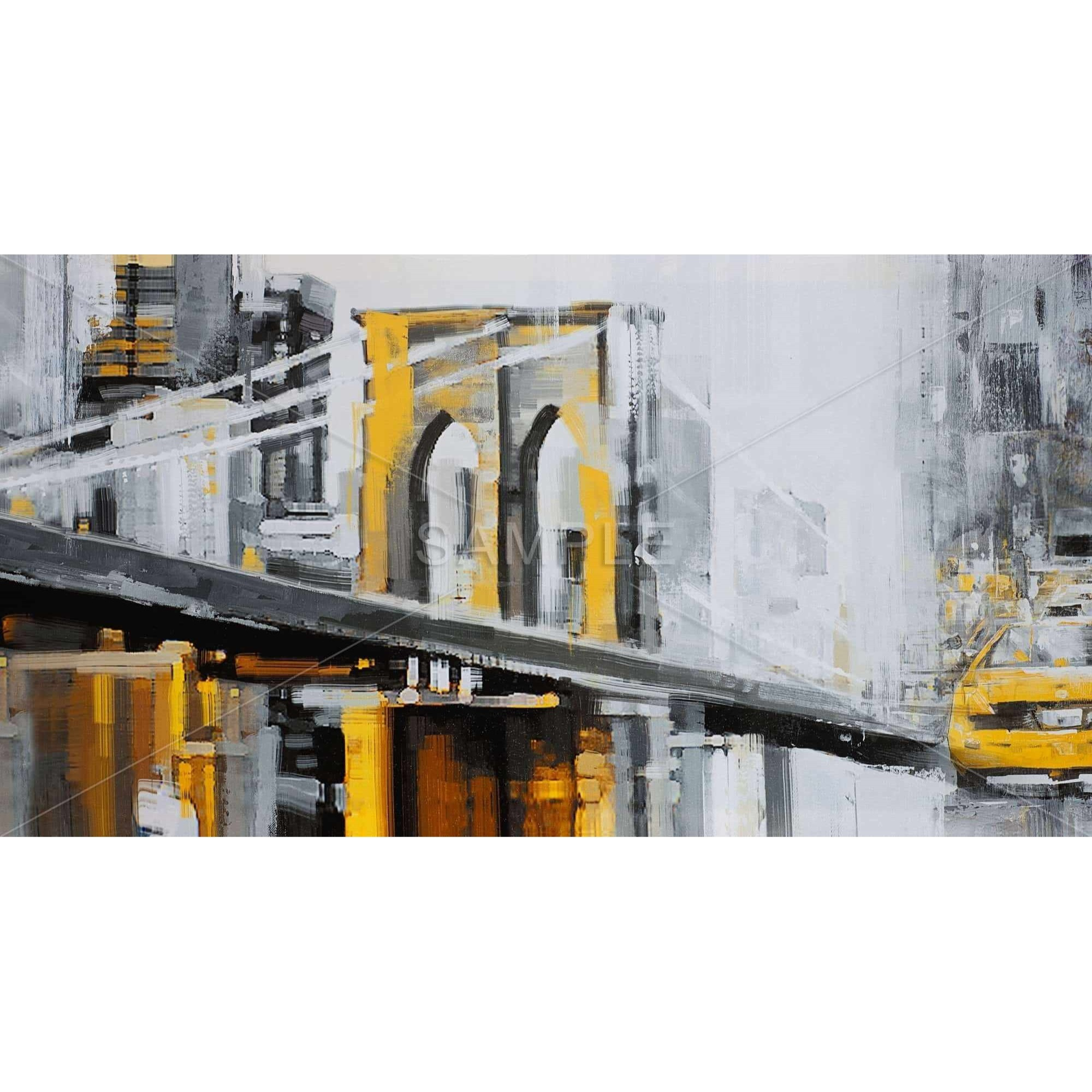 Yellow Brooklyn Bridge With Taxis - Framed Print on canvas by Begin Edition