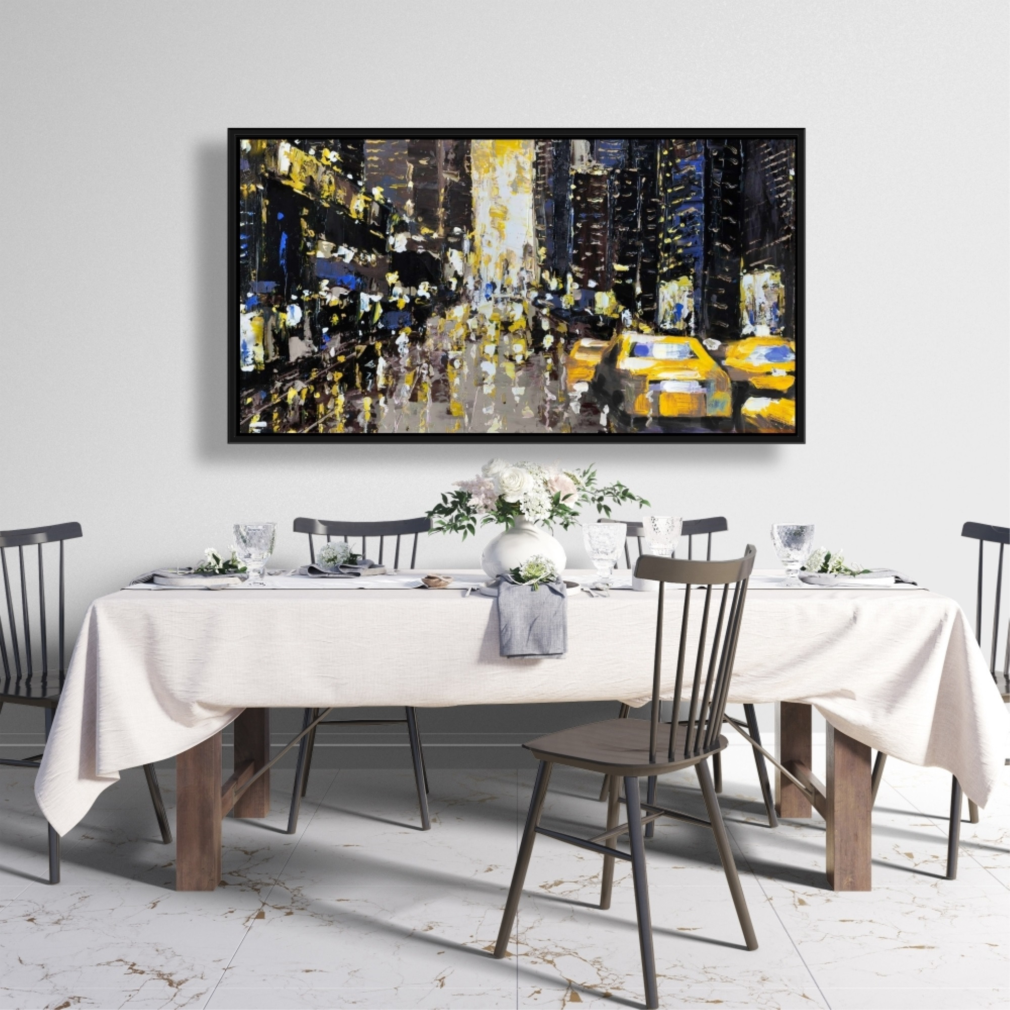 Abstract And Texturized City With Yellow Taxis - Framed Print on canvas by Begin Edition