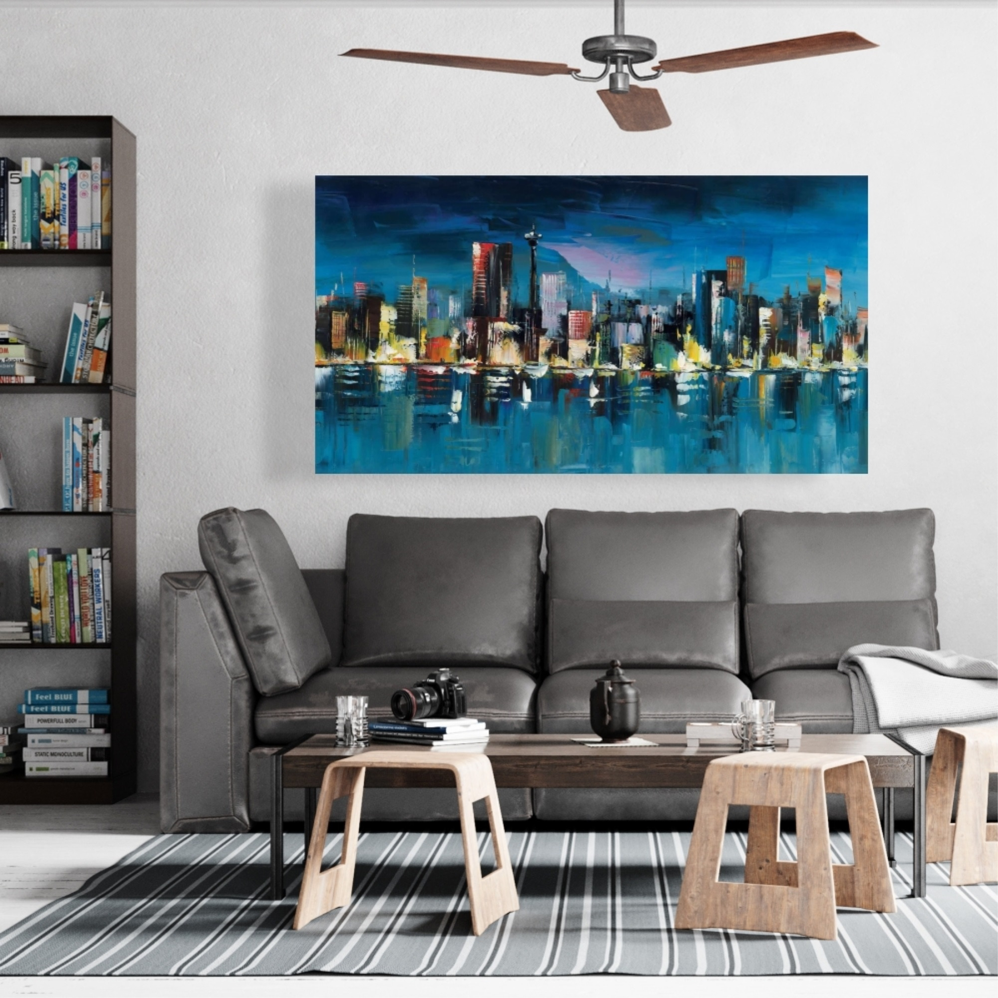 Abstract Blue Cityscape By Night - Print on canvas by Begin Edition