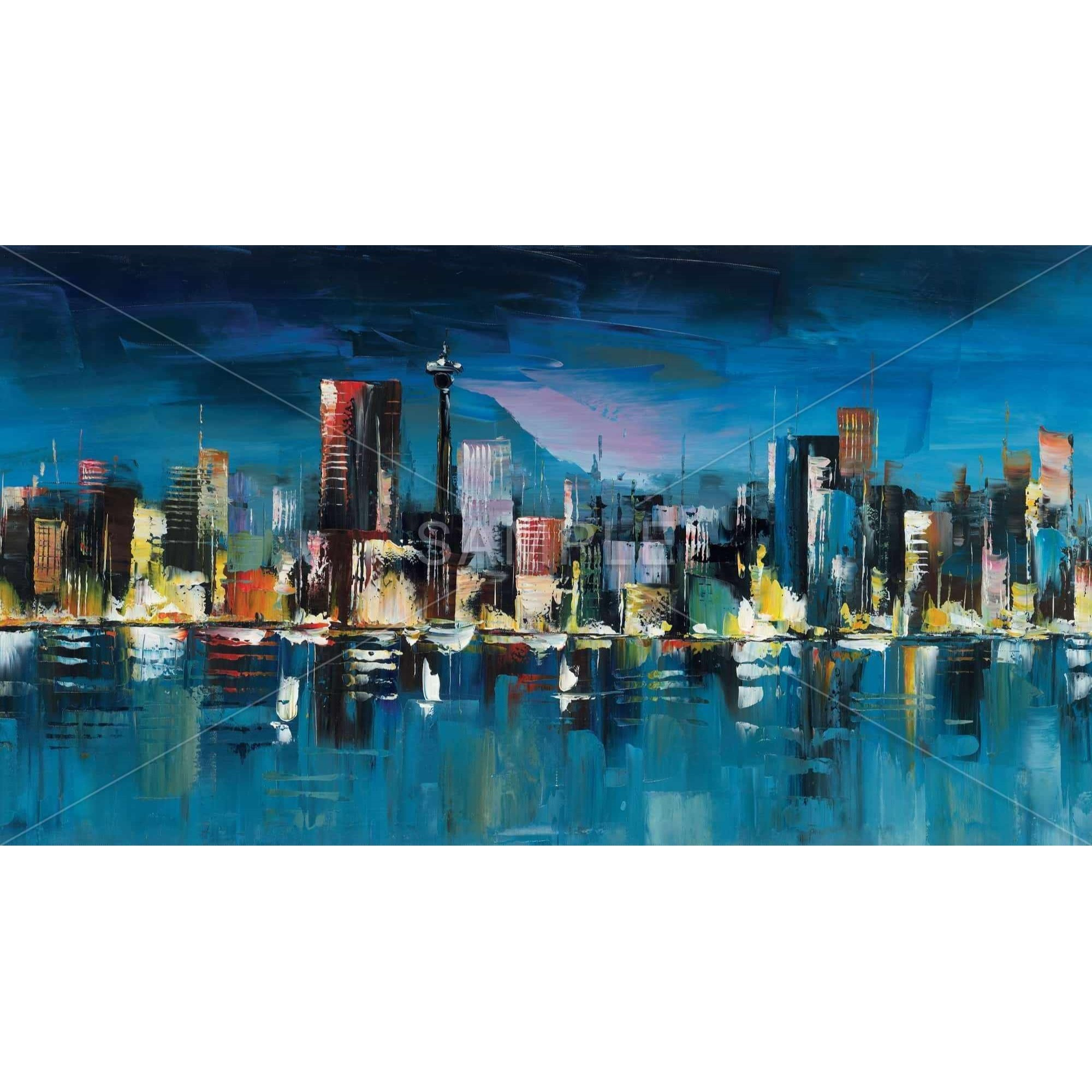 Abstract Blue Cityscape By Night - Framed Print on canvas by Begin Edition