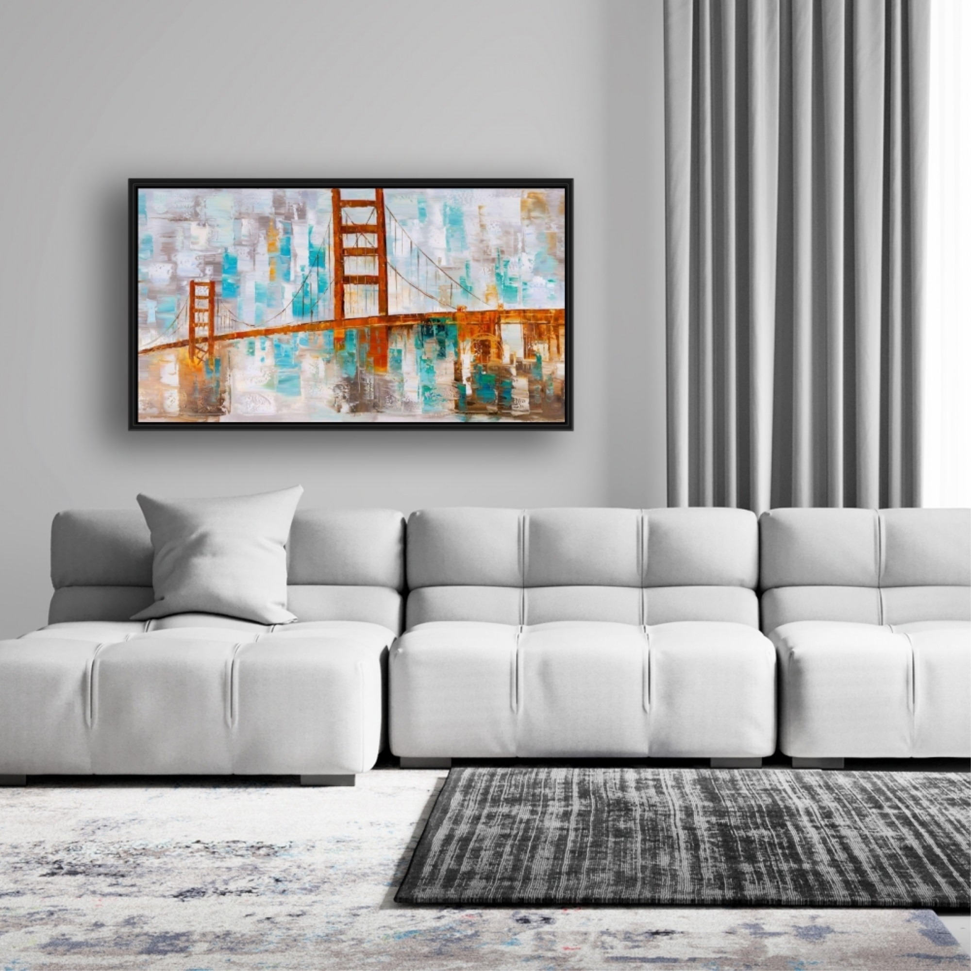 GOLDEN GATE WITH TURQUOISE PAINT SPOTS - Framed Print on canvas by Begin Edition