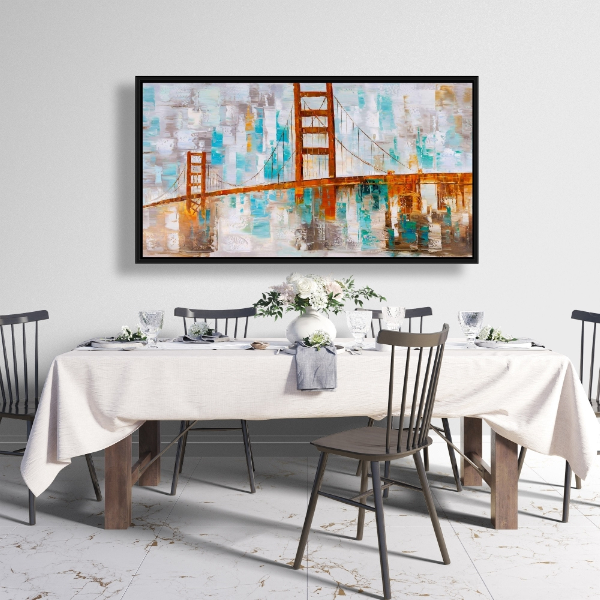 GOLDEN GATE WITH TURQUOISE PAINT SPOTS - Framed Print on canvas by Begin Edition