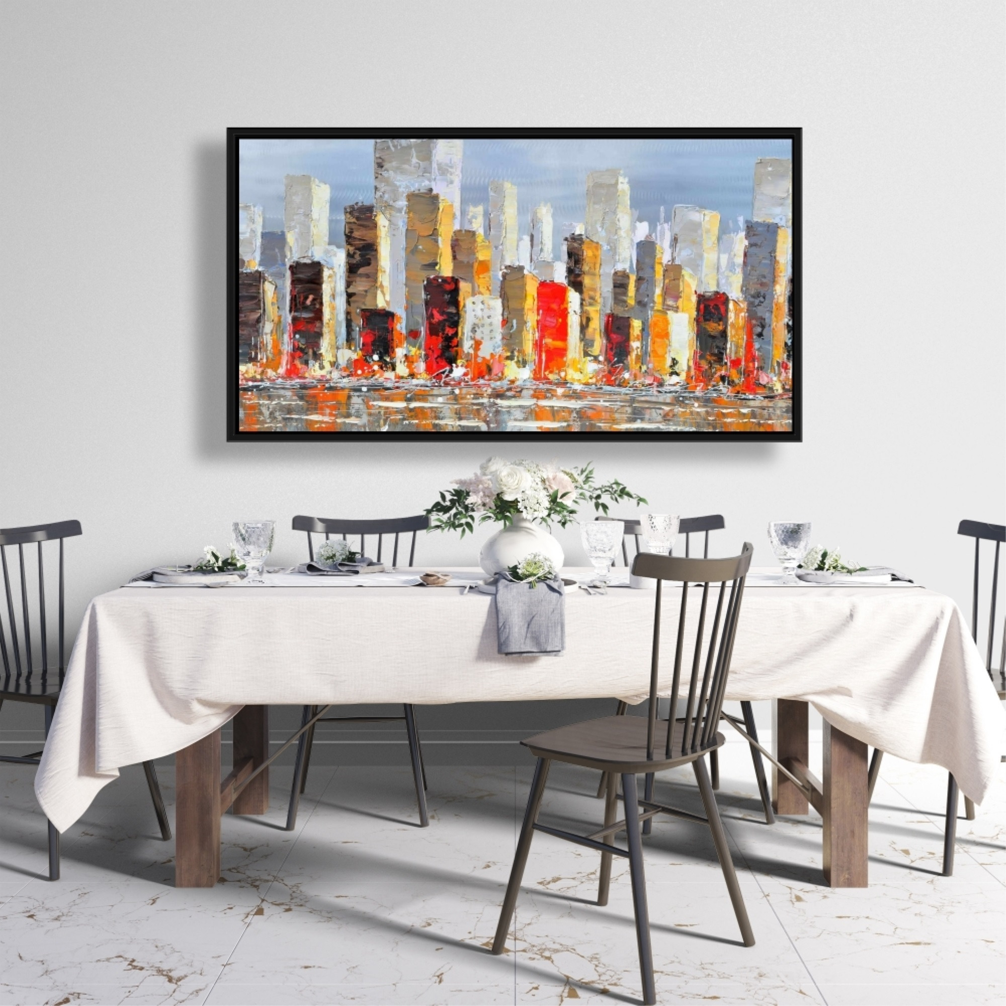 COLORFUL BUILDINGS WITH WATER REFLECTION - Framed Print on canvas by Begin Edition