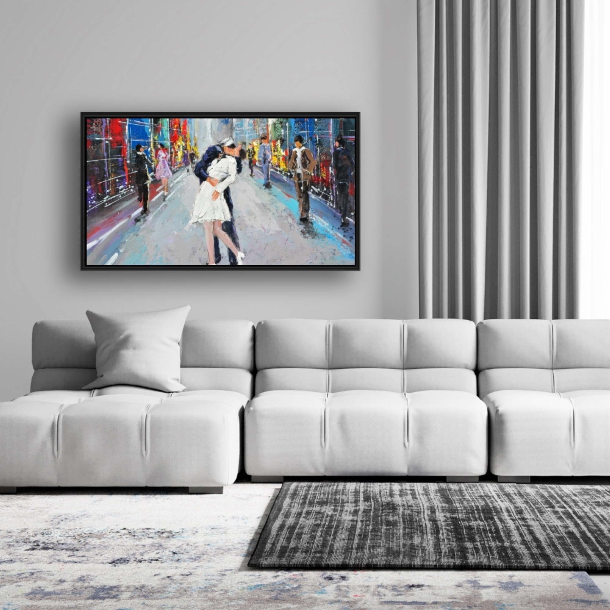 COUPLE KISSING ON THE STREET - Framed Print on canvas by Begin Edition