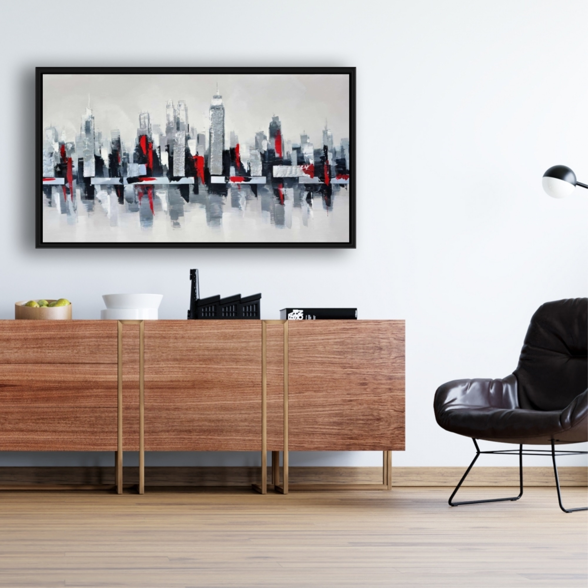 GRAY AND RED FLOATING CITYSCAPE - Framed Print on canvas by Begin Edition