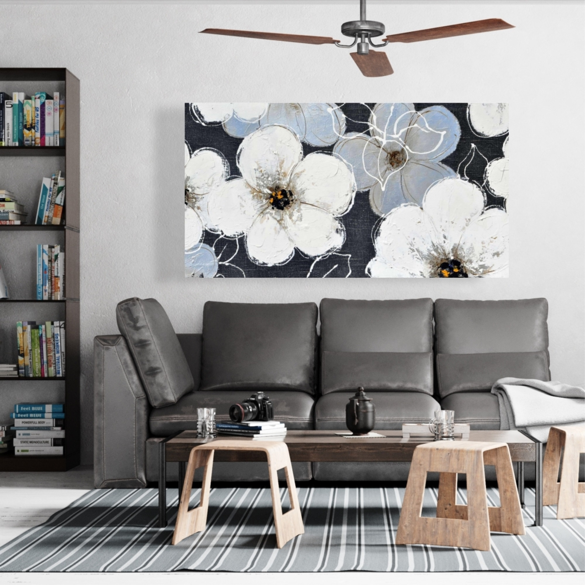 WHITE FLOWERS WITH LEAVES OUTLINES - Print on canvas by Begin Edition