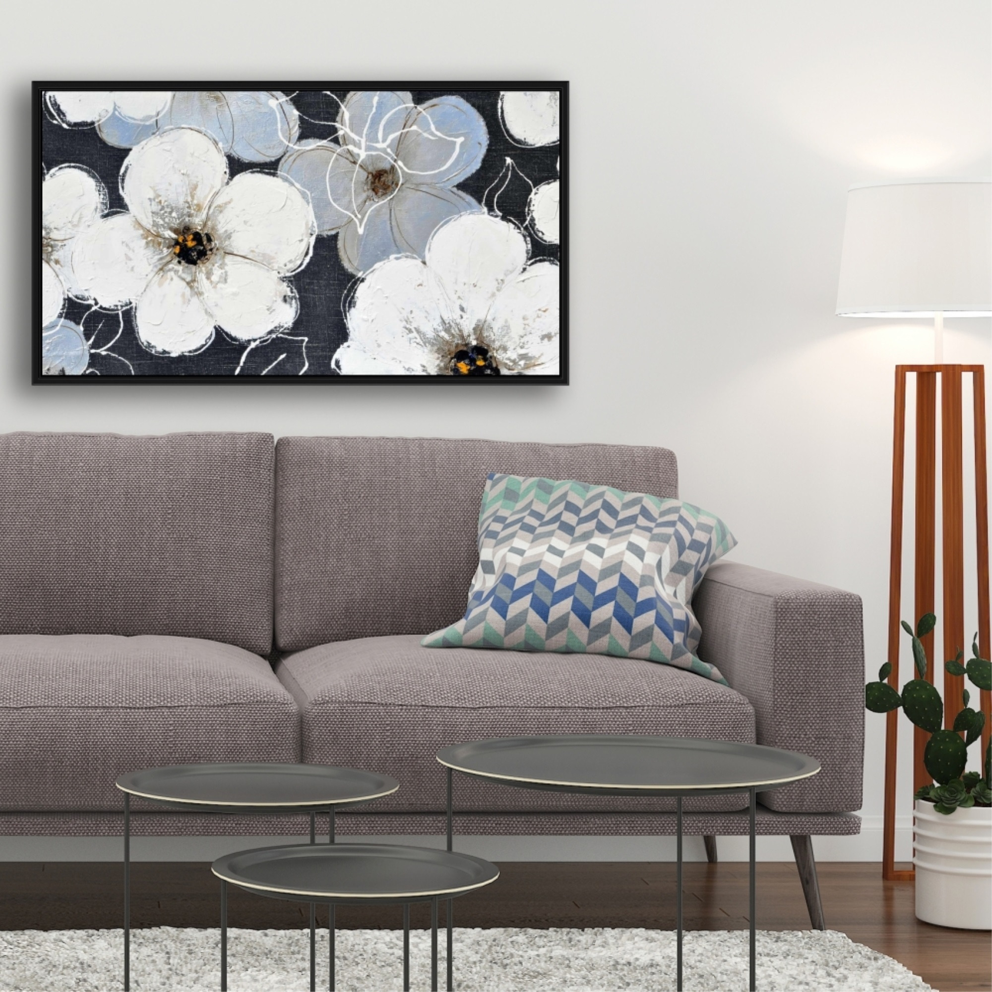 WHITE FLOWERS WITH LEAVES OUTLINES - Framed Print on canvas by Begin Edition
