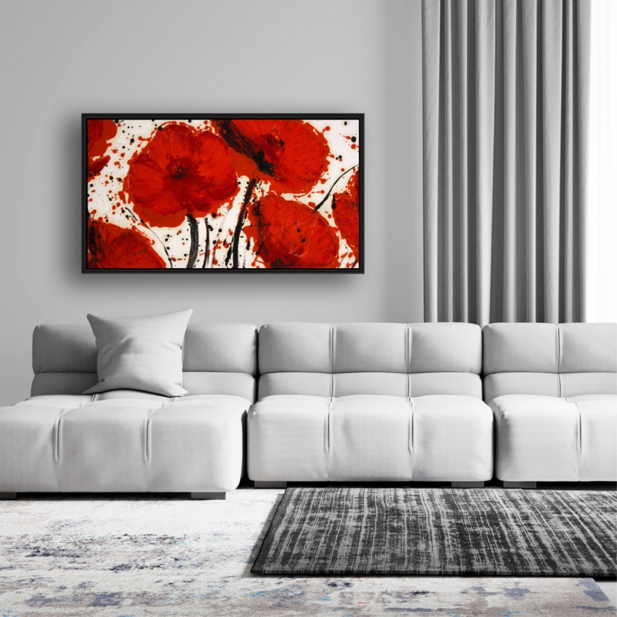 ABSTRACT PAINT SPLASH RED FLOWERS - Framed Print on canvas by Begin Edition