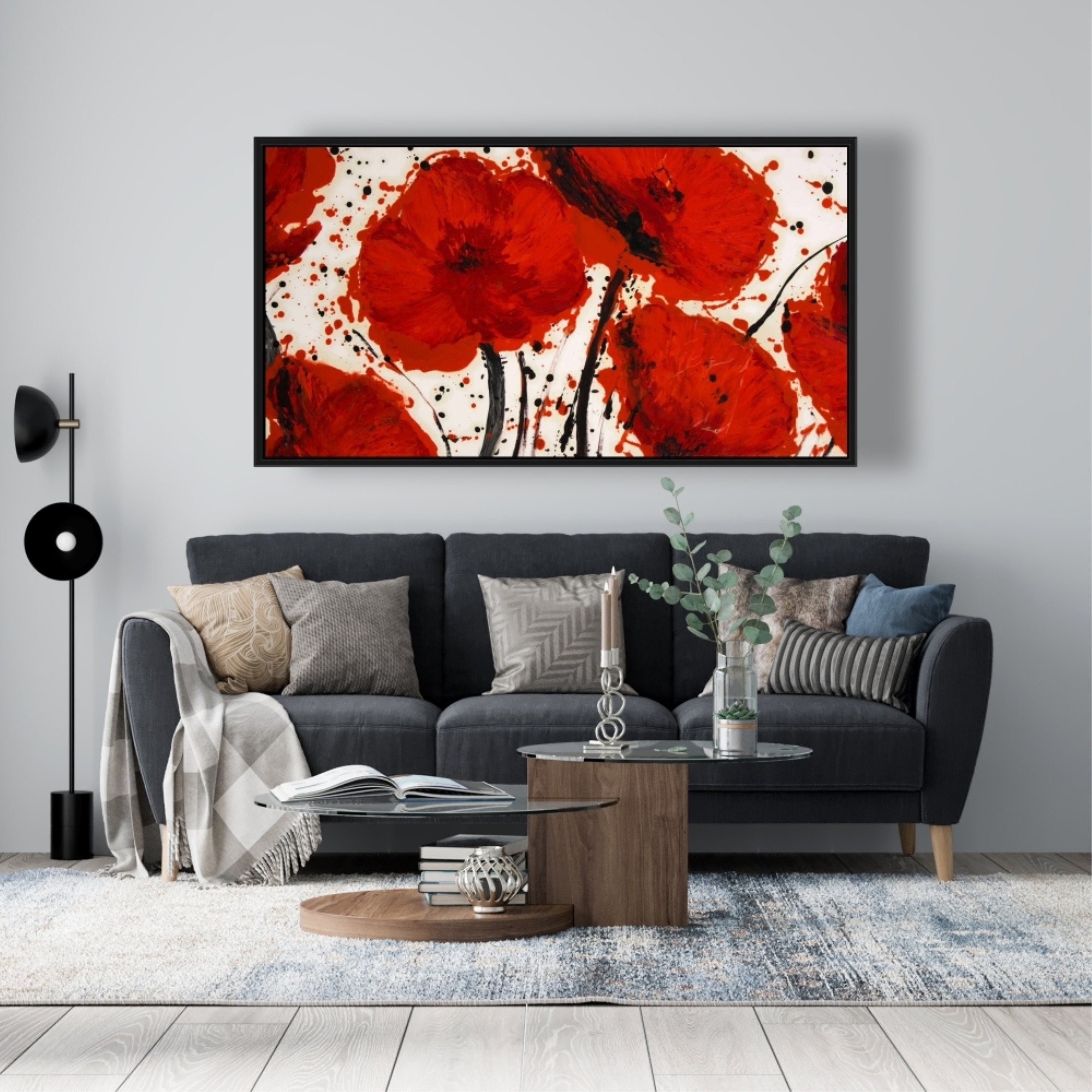 ABSTRACT PAINT SPLASH RED FLOWERS - Framed Print on canvas by Begin Edition
