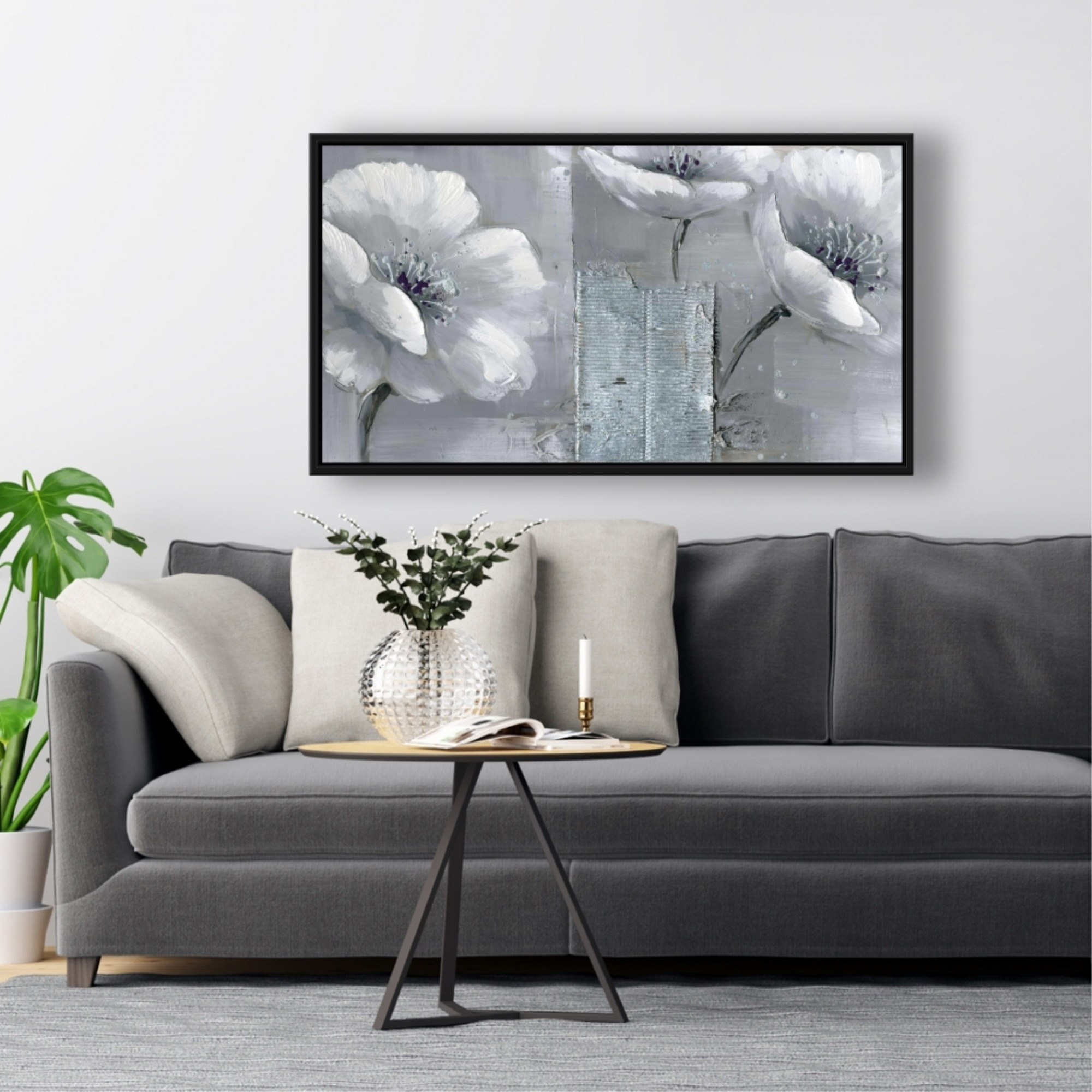 PEACEFUL BLACK & WHITE FLOWERS - Framed Print on canvas by Begin Edition