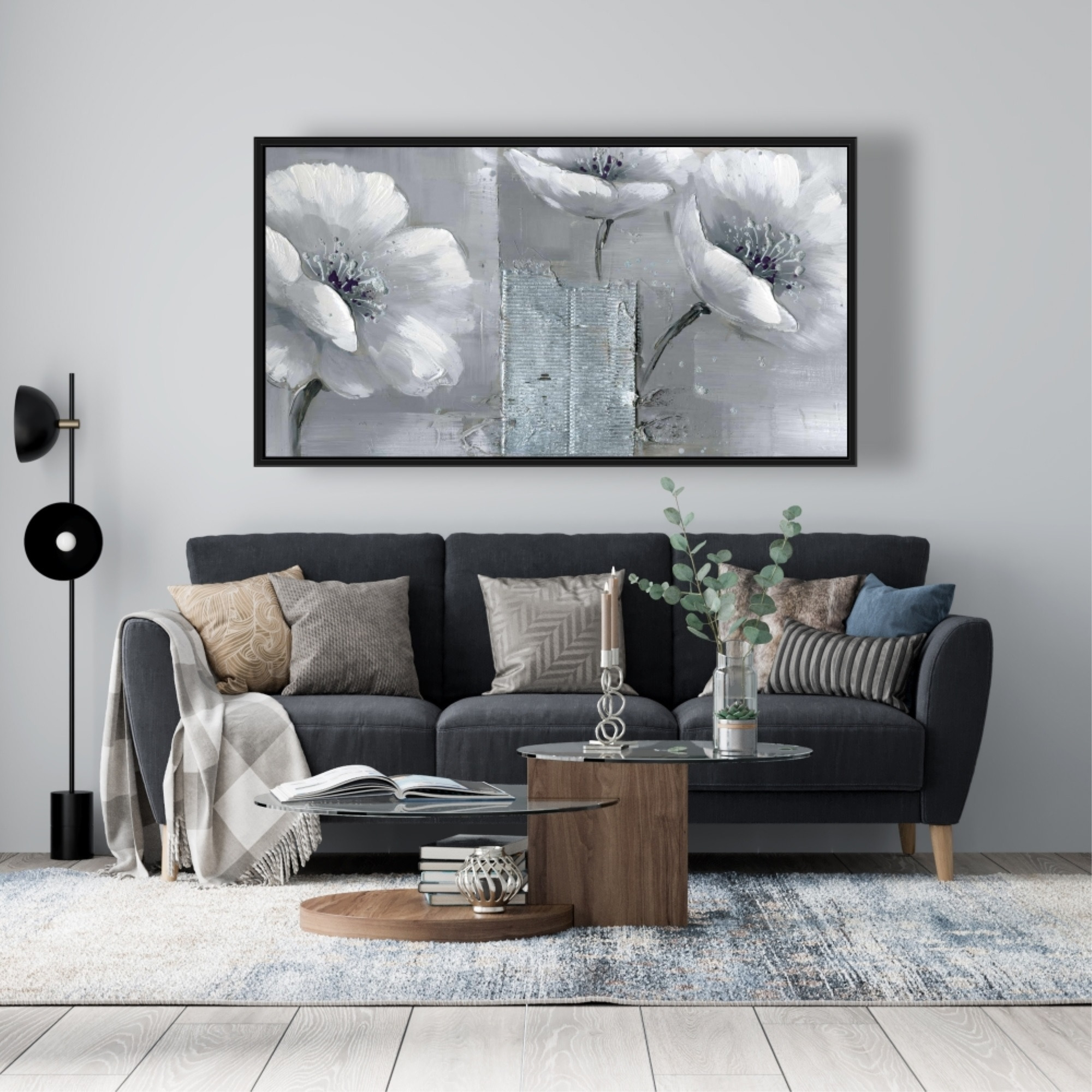 PEACEFUL BLACK & WHITE FLOWERS - Framed Print on canvas by Begin Edition