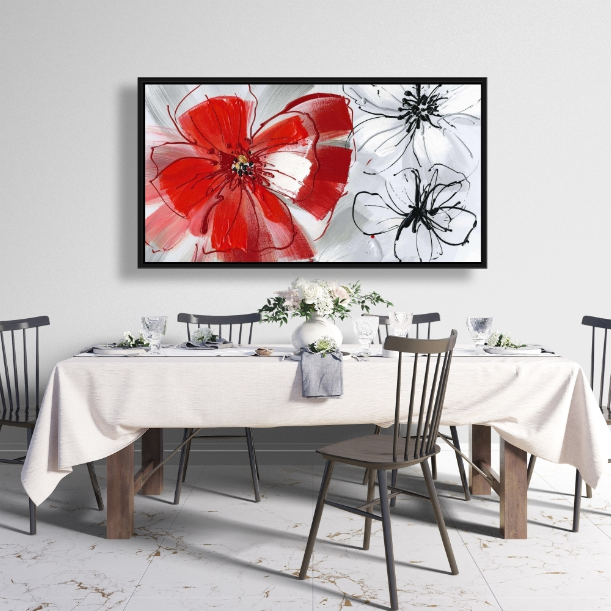 RED & GRAY FLOWERS - Framed Print on canvas by Begin Edition