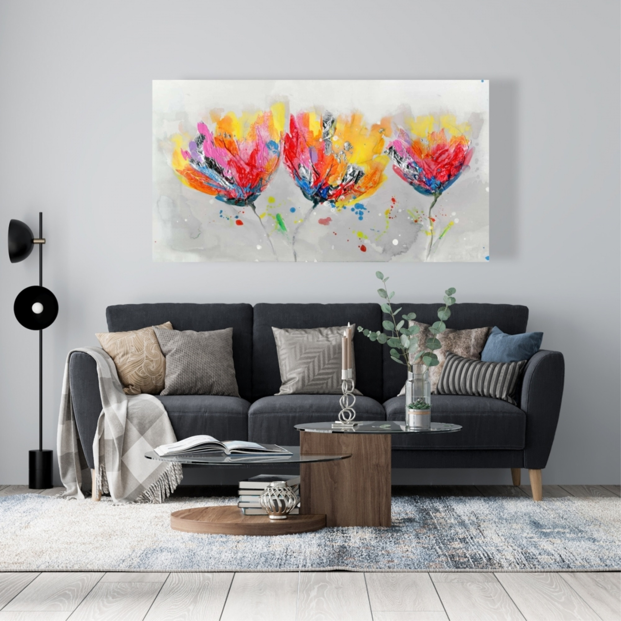 FOUR COLORED FLOWERS ON GRAY BACKGROUND - Print on canvas by Begin Edition