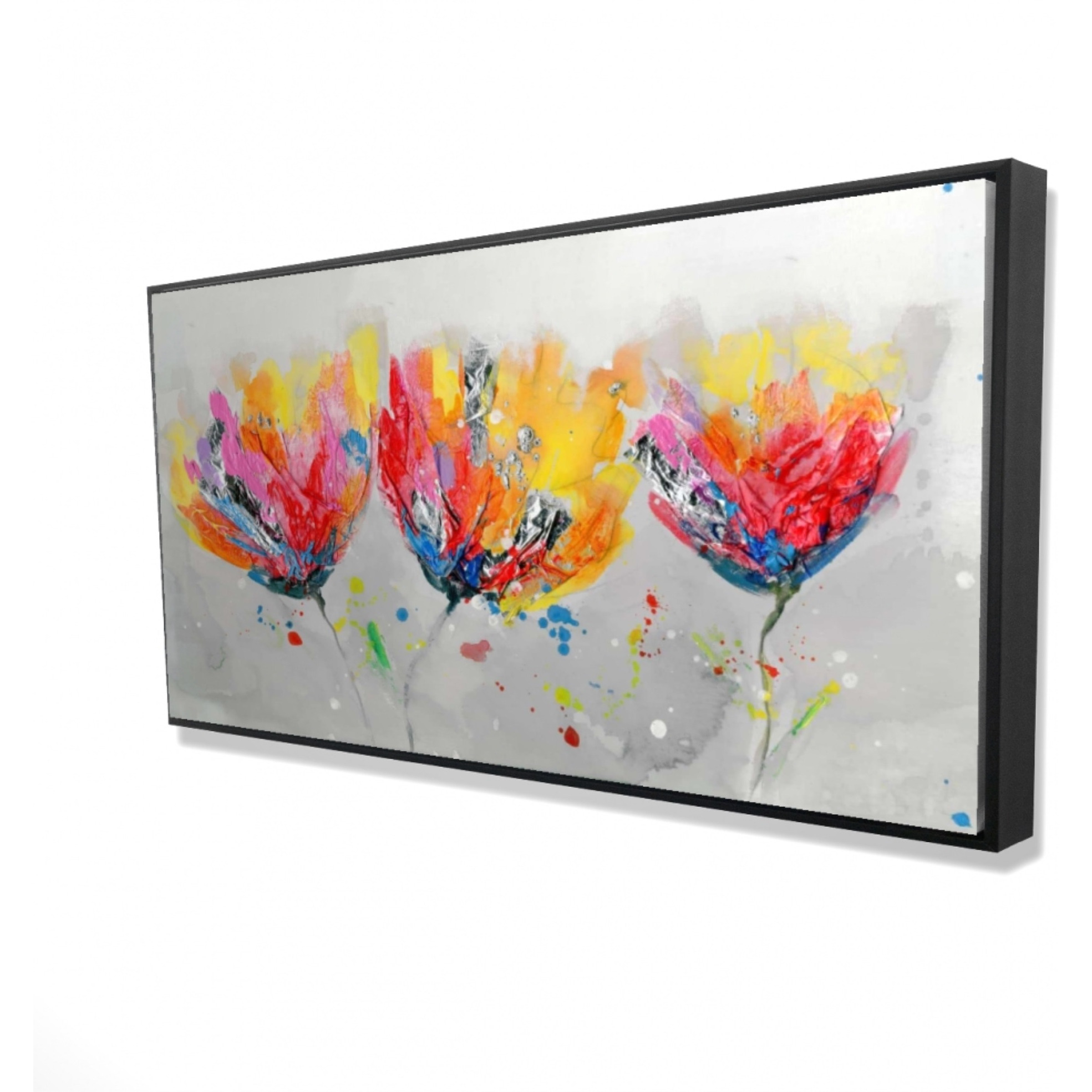 FOUR COLORED FLOWERS ON GRAY BACKGROUND - Framed Print on canvas by Begin Edition