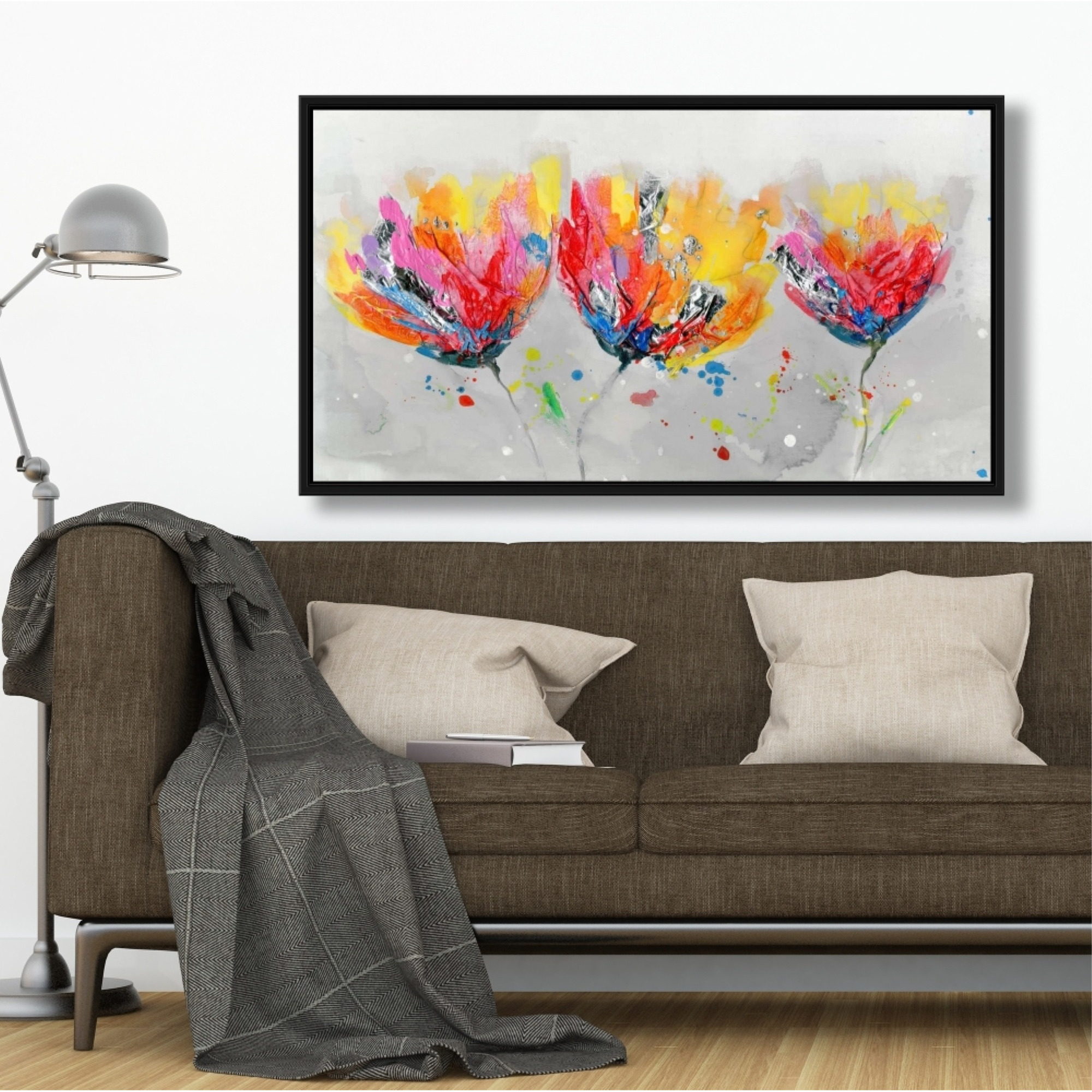 FOUR COLORED FLOWERS ON GRAY BACKGROUND - Framed Print on canvas by Begin Edition