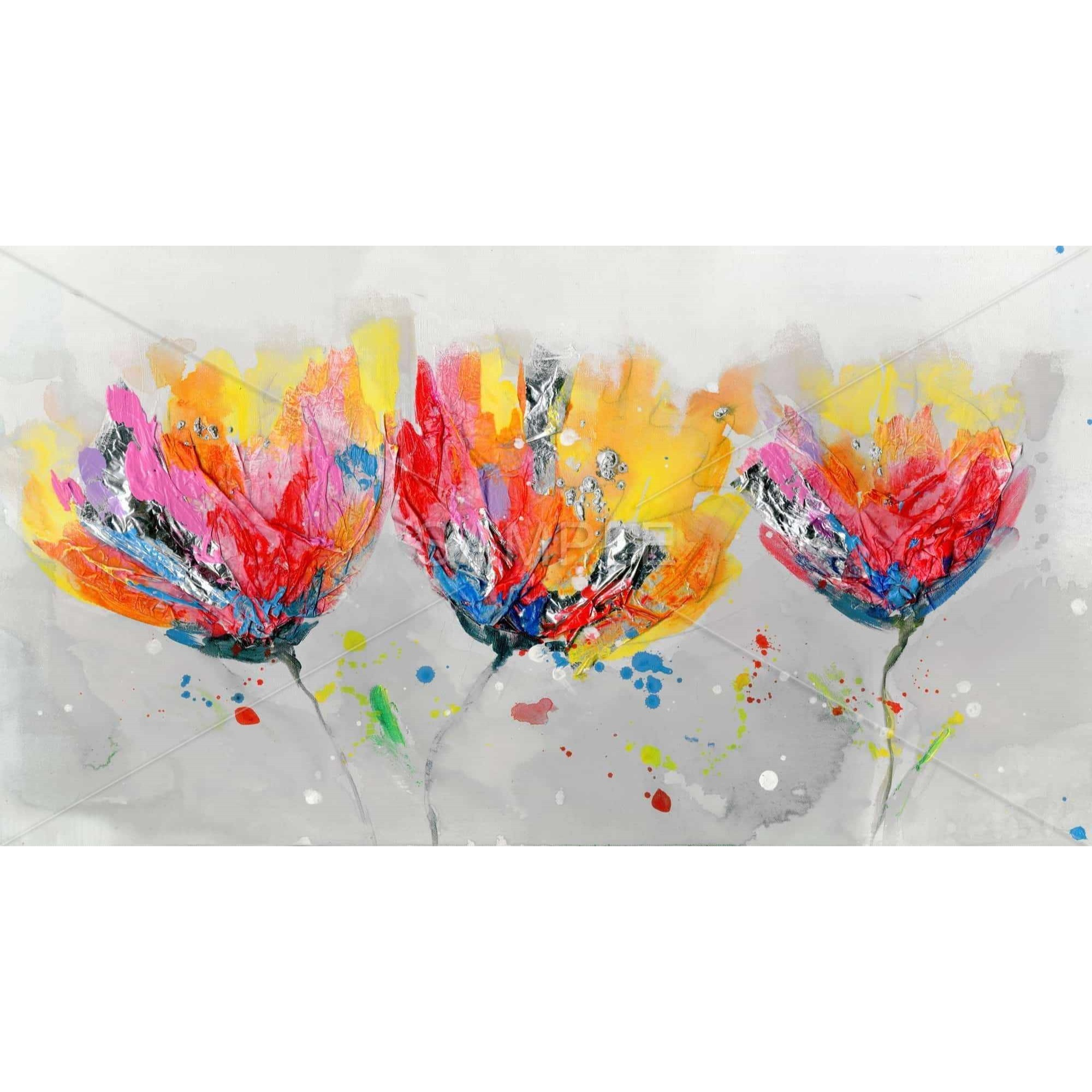 FOUR COLORED FLOWERS ON GRAY BACKGROUND - Framed Print on canvas by Begin Edition