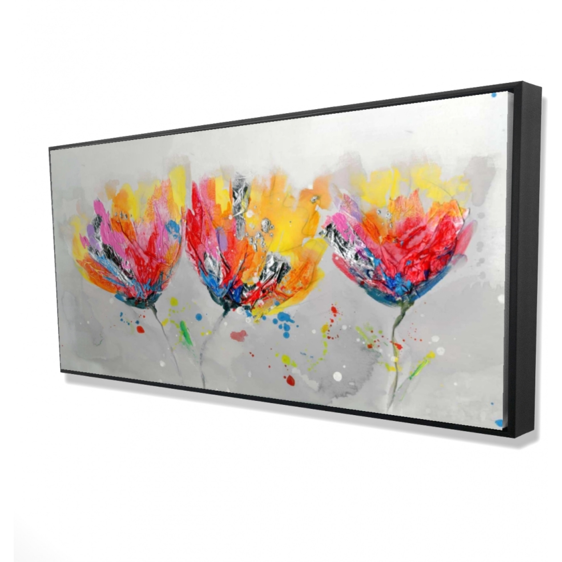 FOUR COLORED FLOWERS ON GRAY BACKGROUND - Framed Print on canvas by Begin Edition