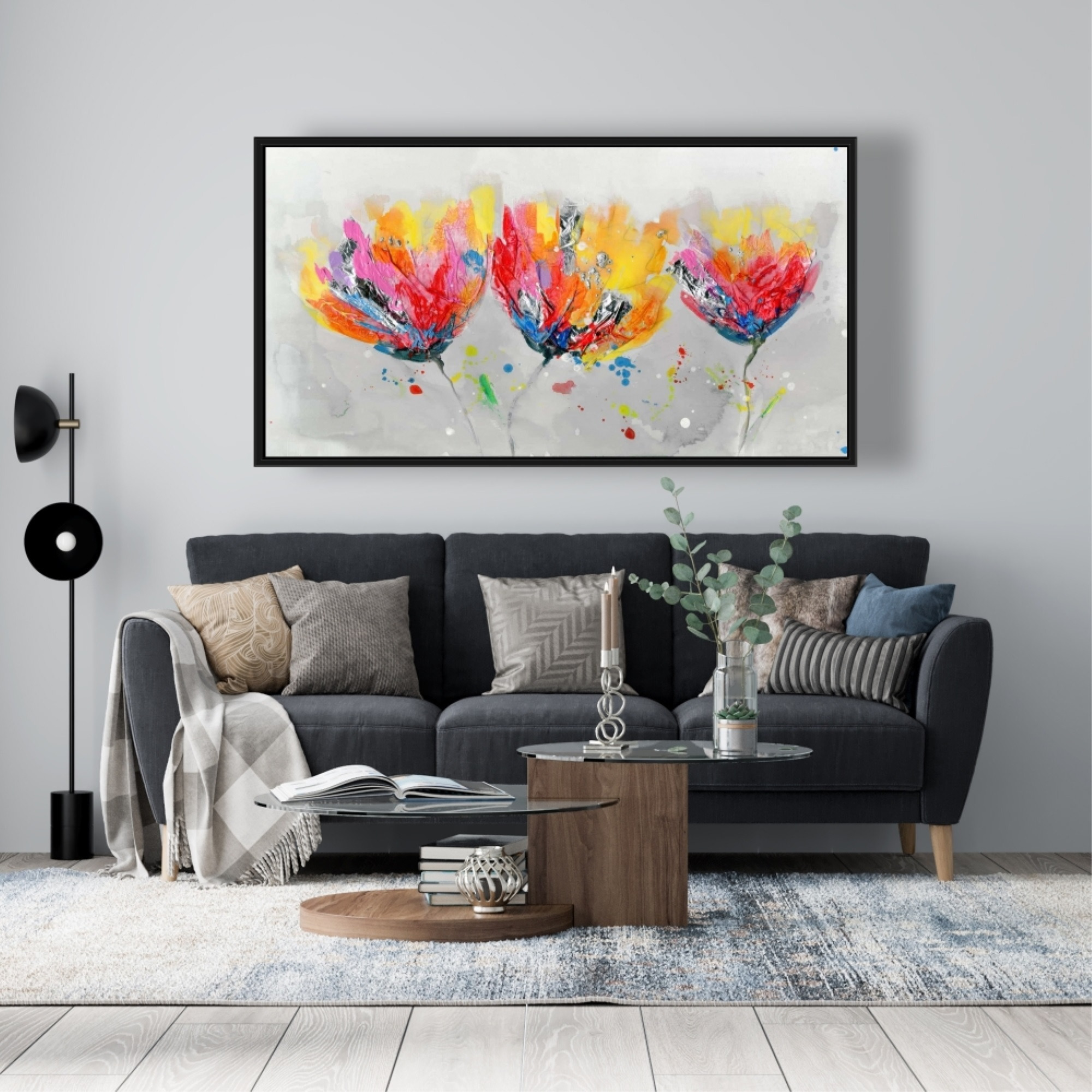 FOUR COLORED FLOWERS ON GRAY BACKGROUND - Framed Print on canvas by Begin Edition