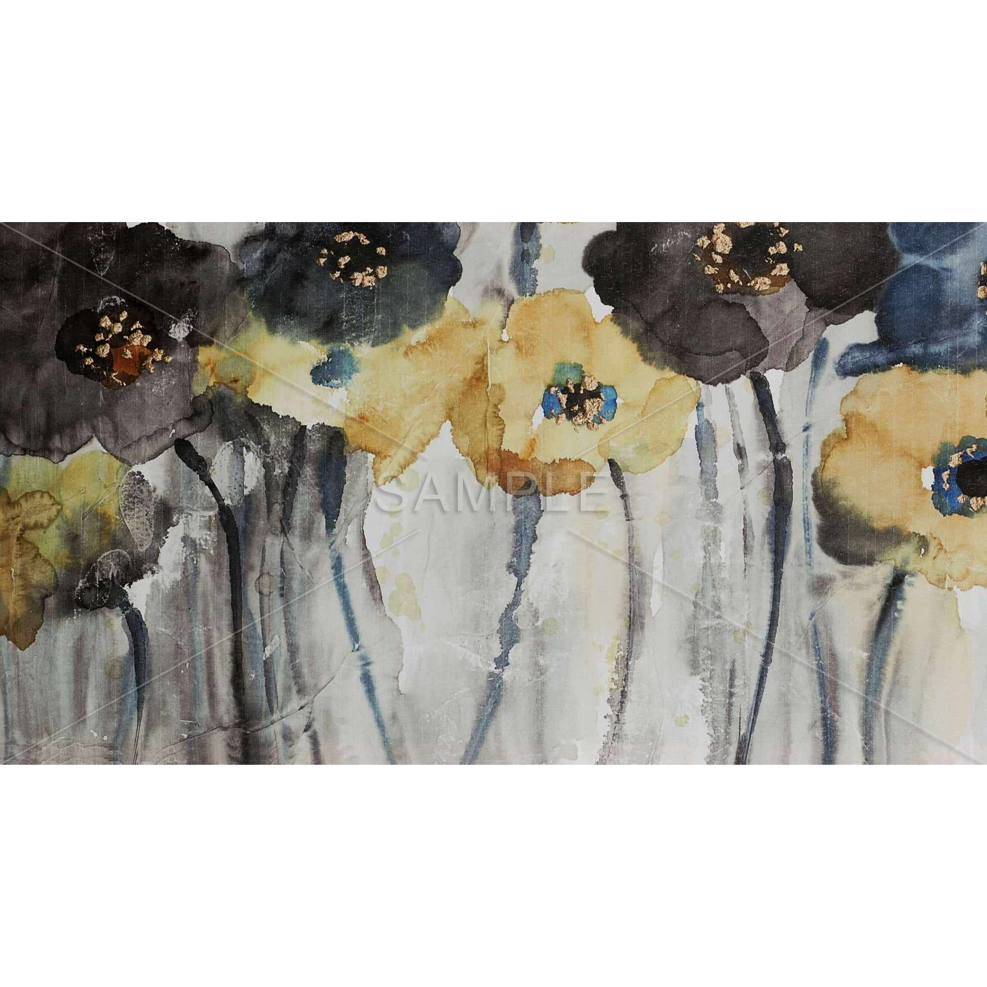 GRAY BLUE AND YELLOW FLOWERS - Framed Print on canvas by Begin Edition
