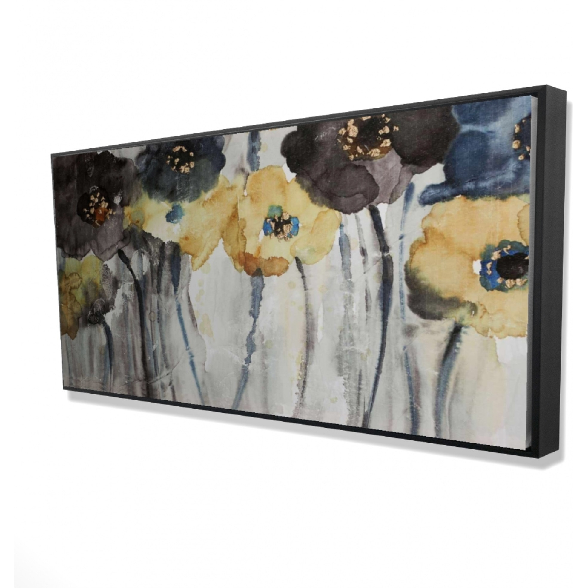 GRAY BLUE AND YELLOW FLOWERS - Framed Print on canvas by Begin Edition