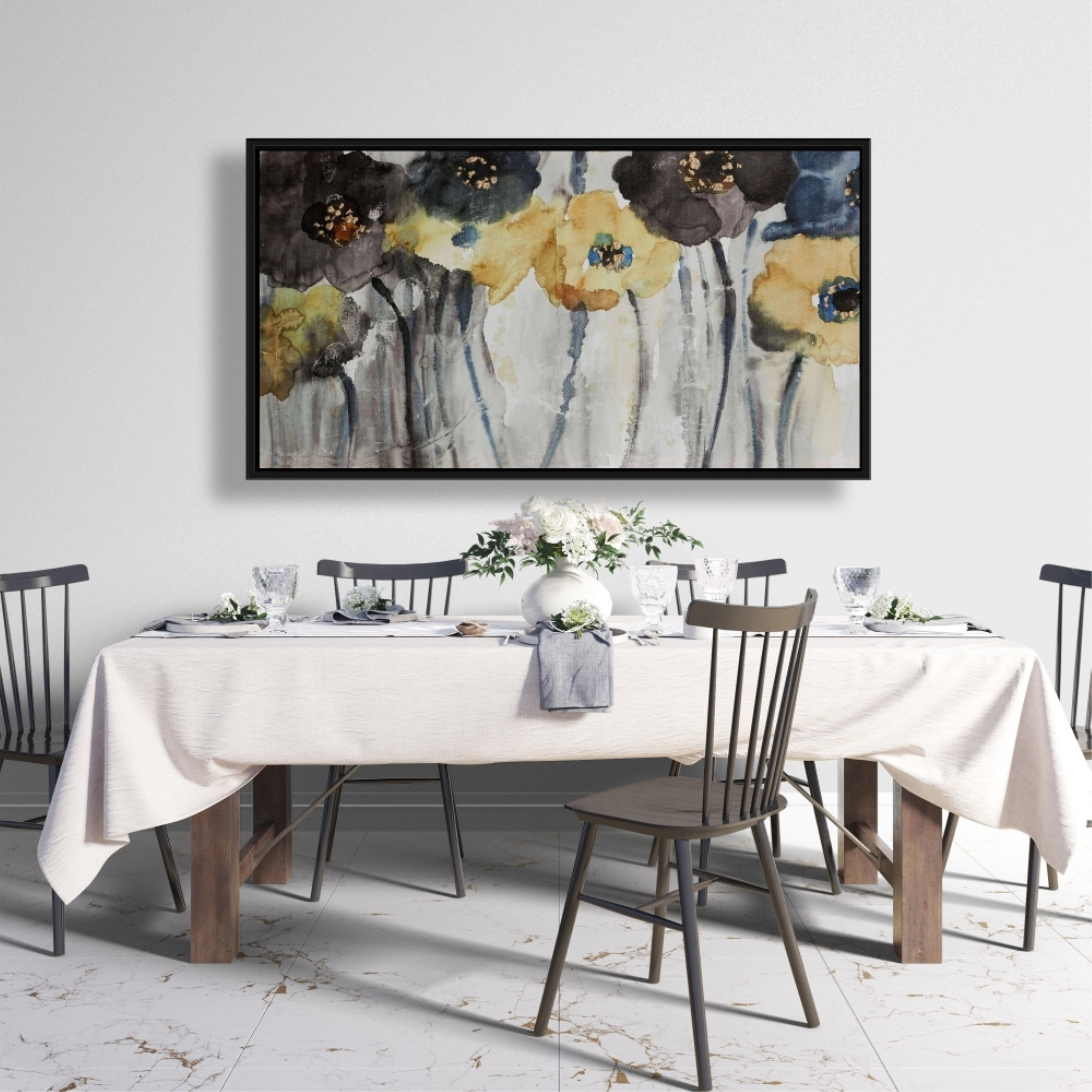 GRAY BLUE AND YELLOW FLOWERS - Framed Print on canvas by Begin Edition