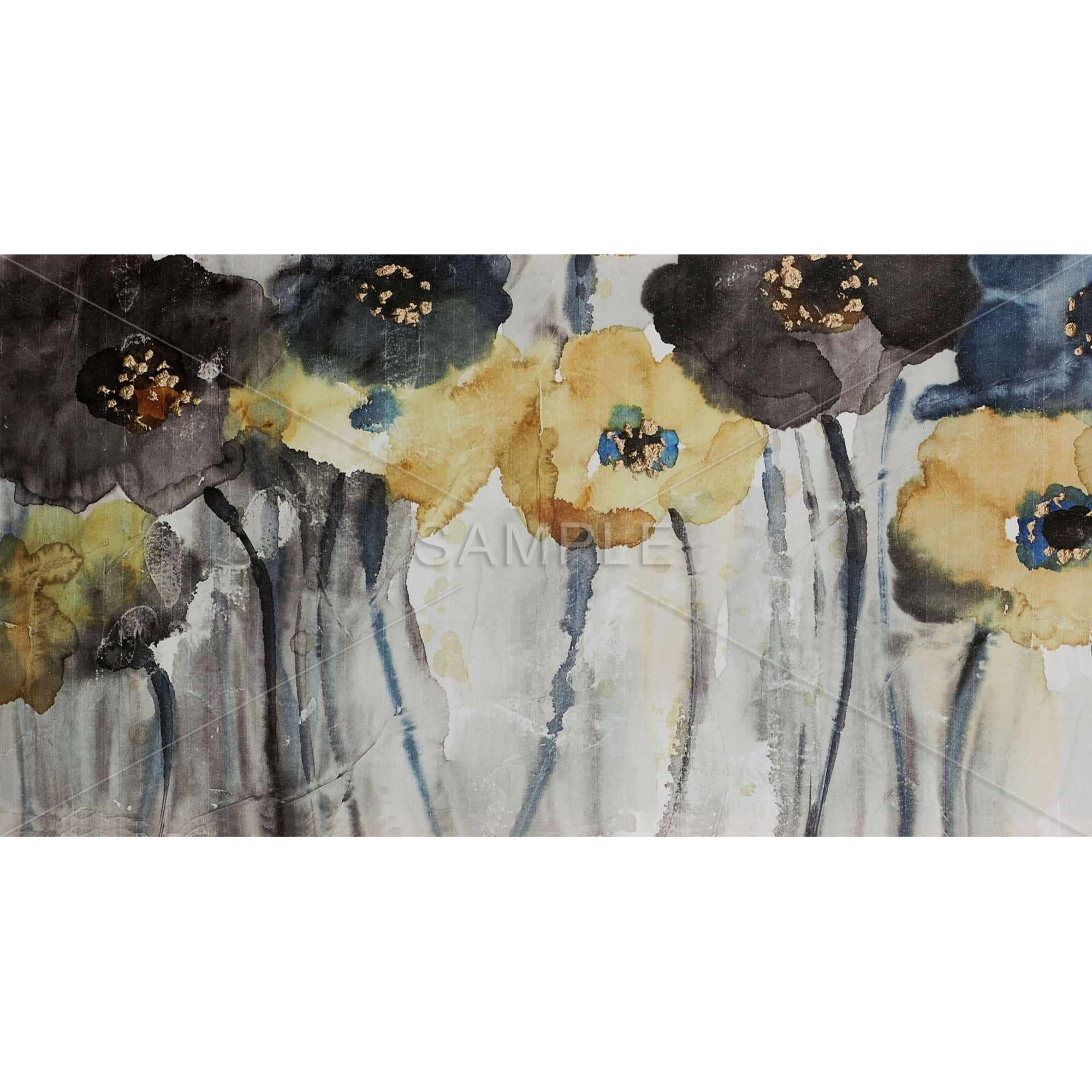 GRAY BLUE AND YELLOW FLOWERS - Framed Print on canvas by Begin Edition
